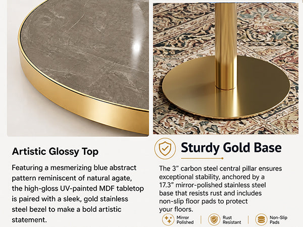 Feature graphic showing the artistic glossy top and sturdy gold pedestal base of the bistro table