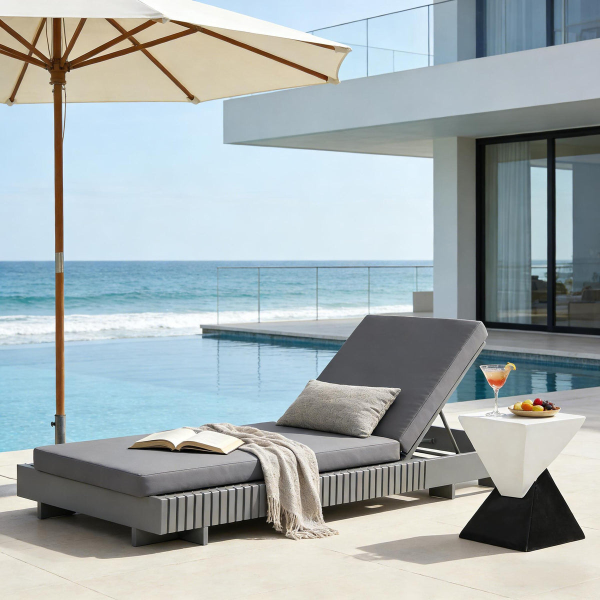 Dark Gray Solid Wood Outdoor Chaise Lounge, Dark Gray Cushion