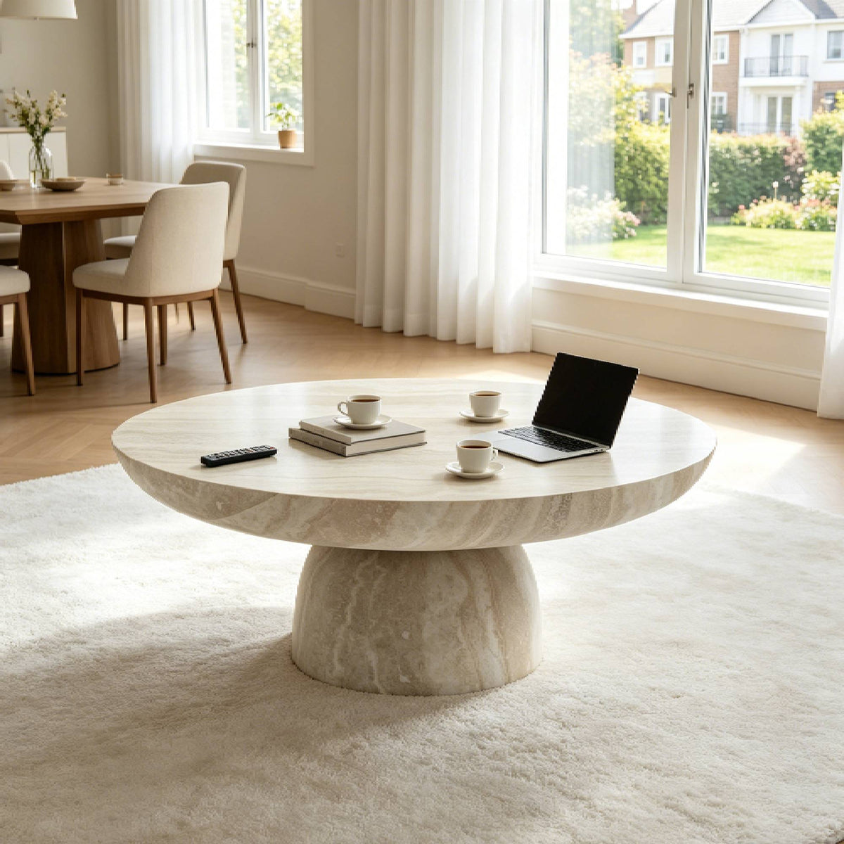 Beige Round Coffee Table, 34.6 in