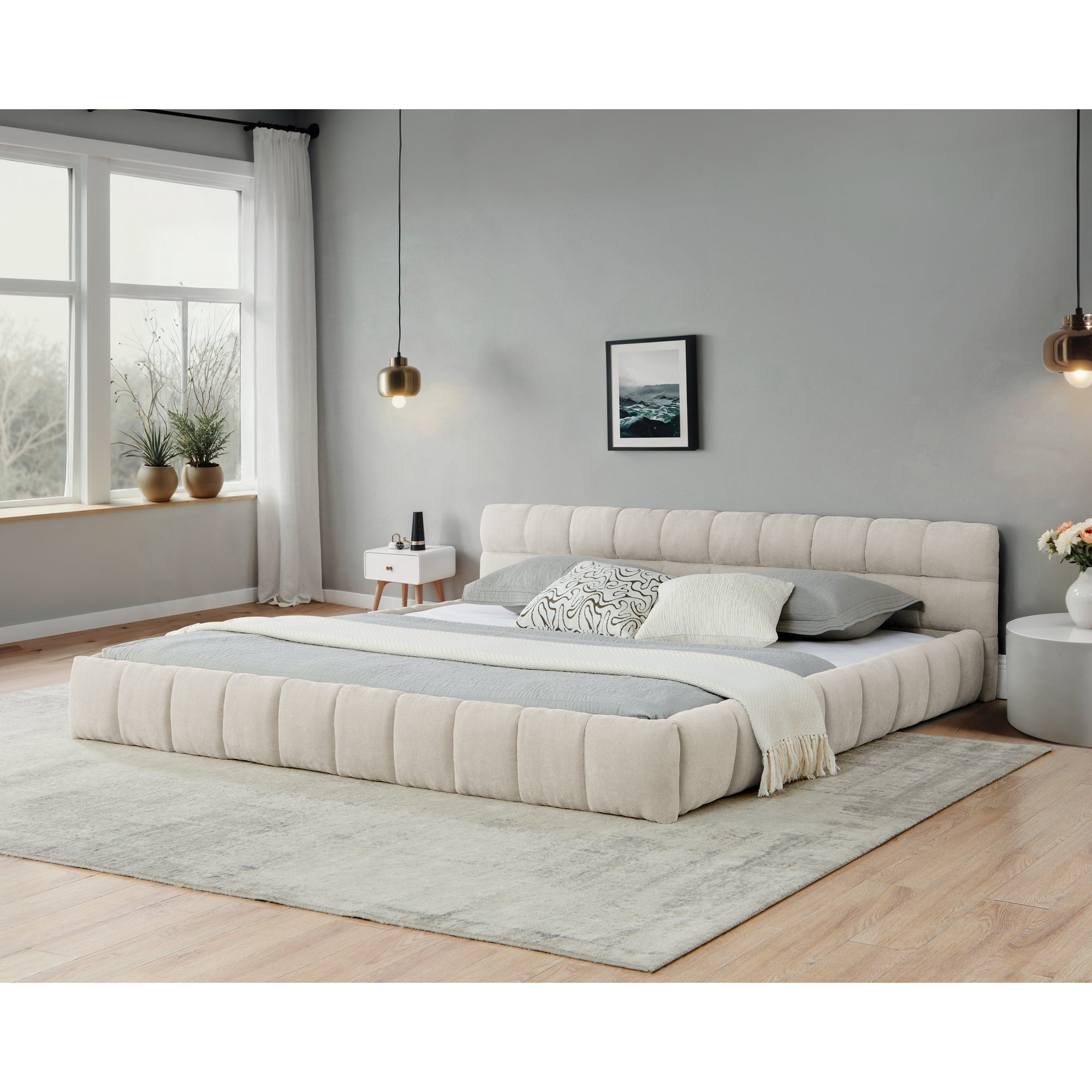 Low Profile Beige Chenille King Platform Bed