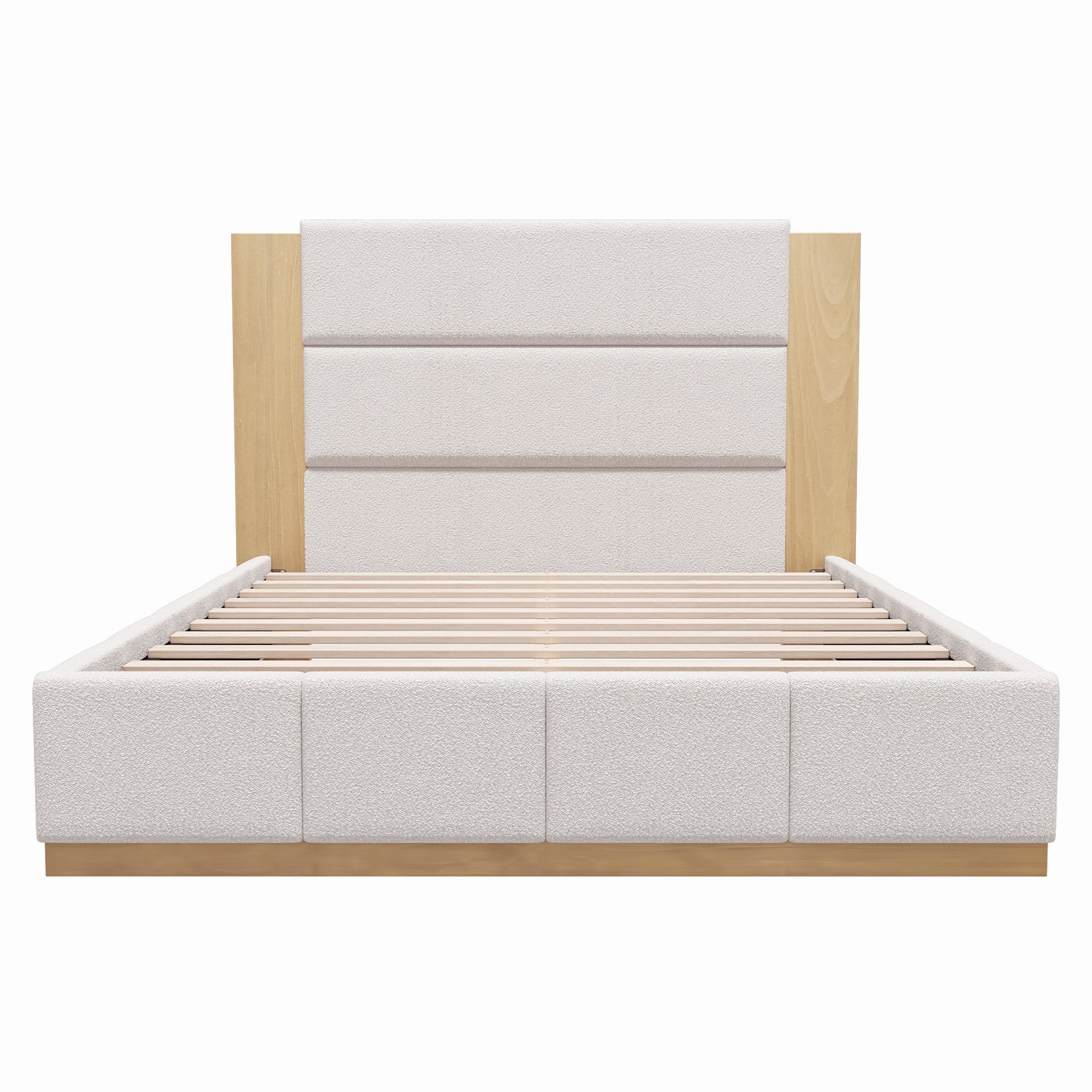 White boucle upholstered queen bed frame, light oak extended headboard with three padded panels, exposed wood slats #Color_White Boucle