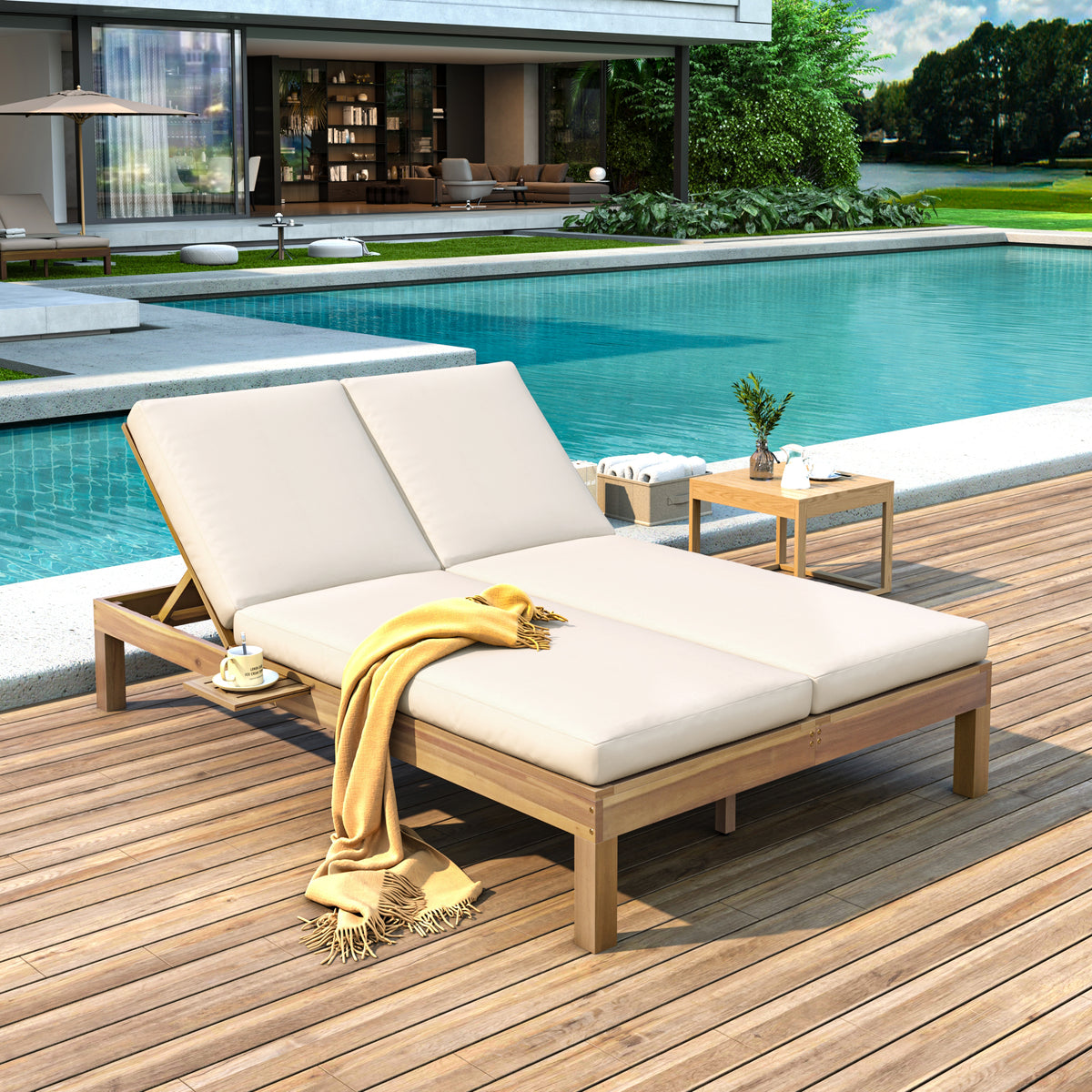 Light Teak Finish Solid Wood Adjustable Outdoor Double Chaise Lounge
