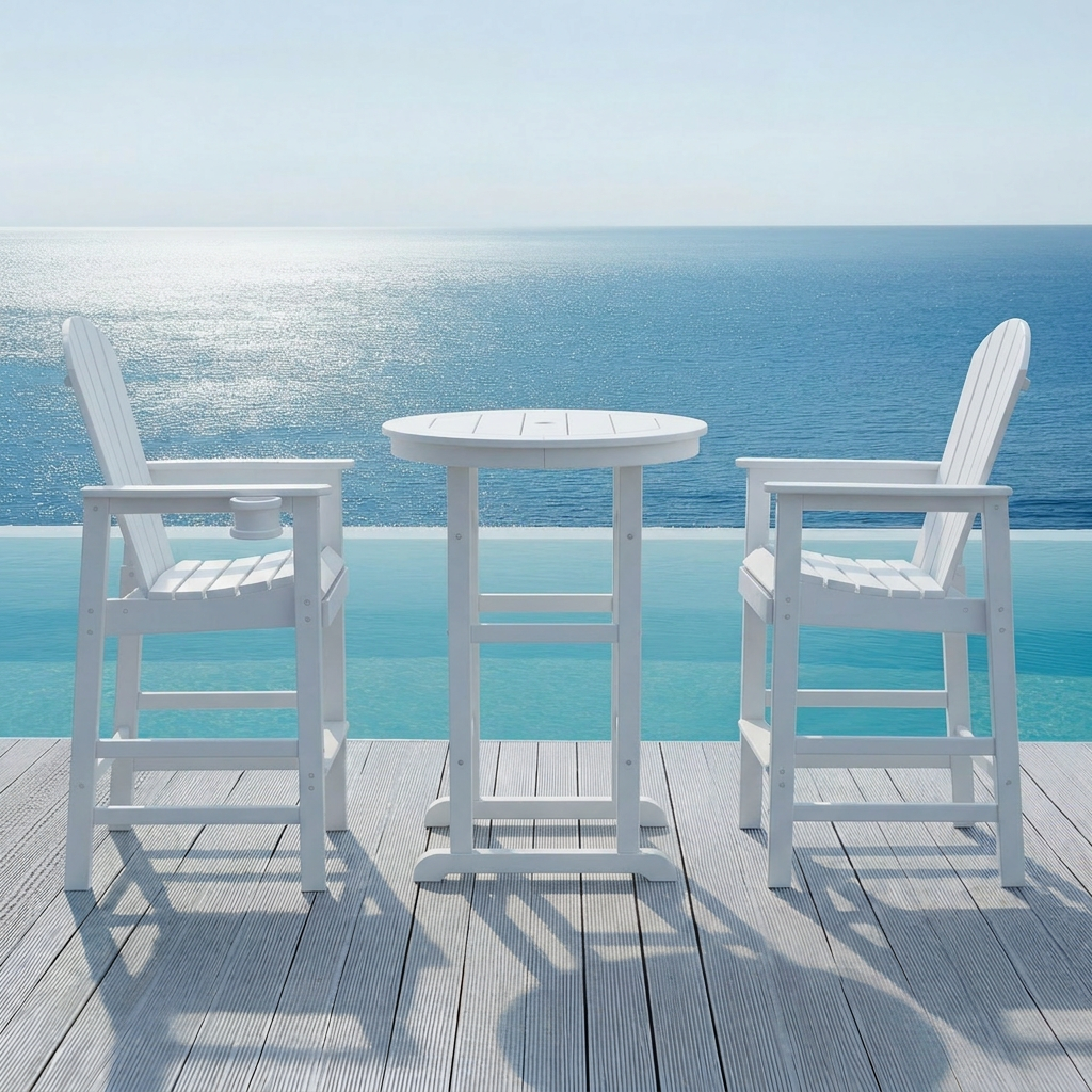 3-Piece Bar Height Patio Set, White Round HDPE Table and 2 Chairs