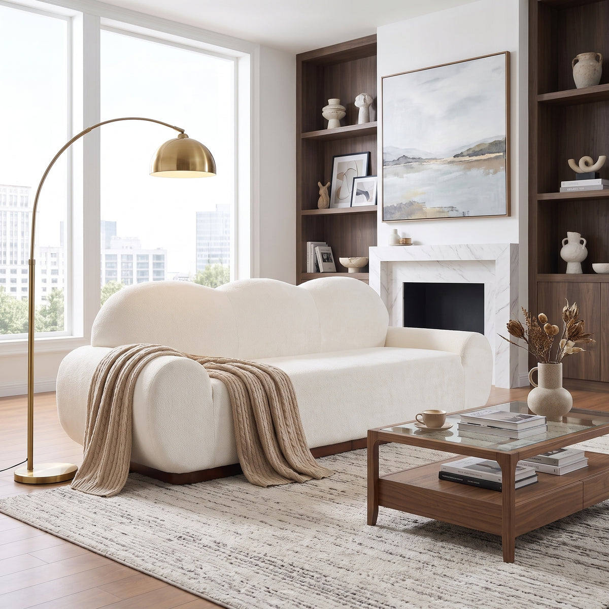 White Chenille 3-Seat Curved Sofa, 88 in Wide