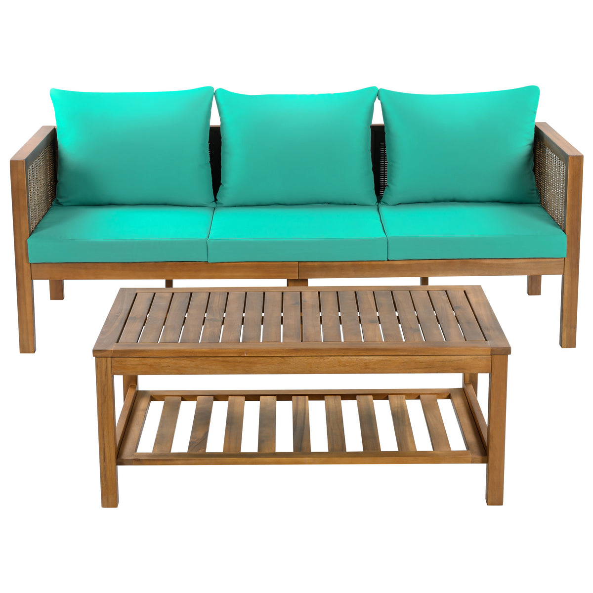 Natural Solid Wood 2-Piece Outdoor Sofa Set for 3 with Cushions