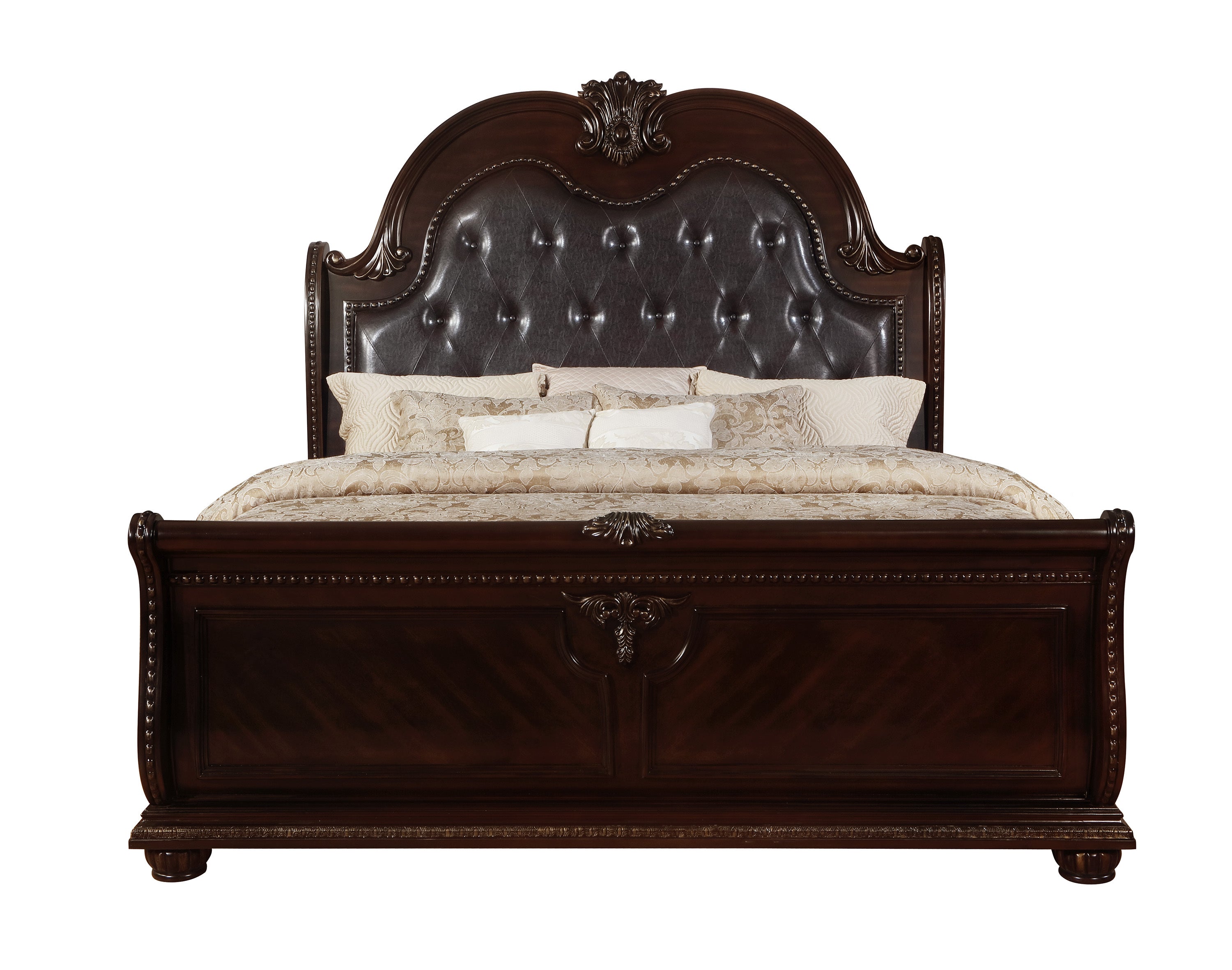 Queen Sleigh Bed, Button Tufted Vegan Leather Headboard