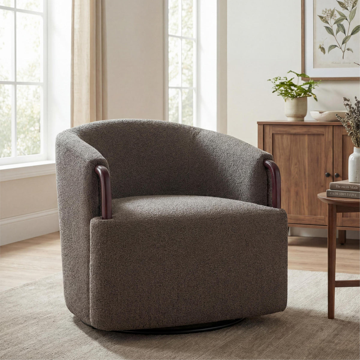 Brown Boucle Swivel Barrel Chair