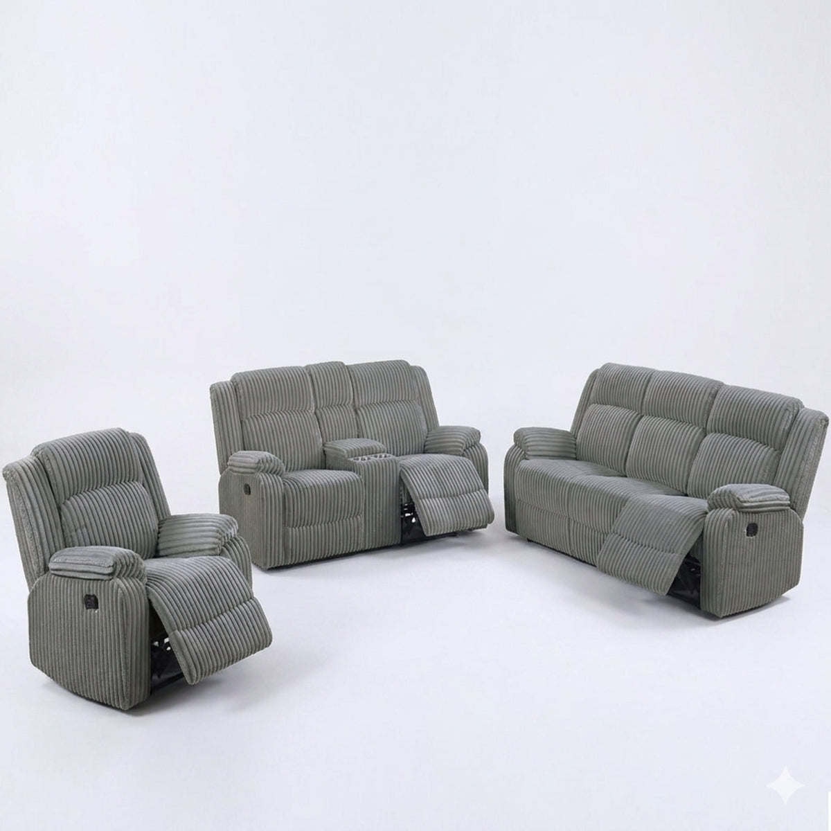 Gray Corduroy Reclining 3-Piece Living Room Set with Console