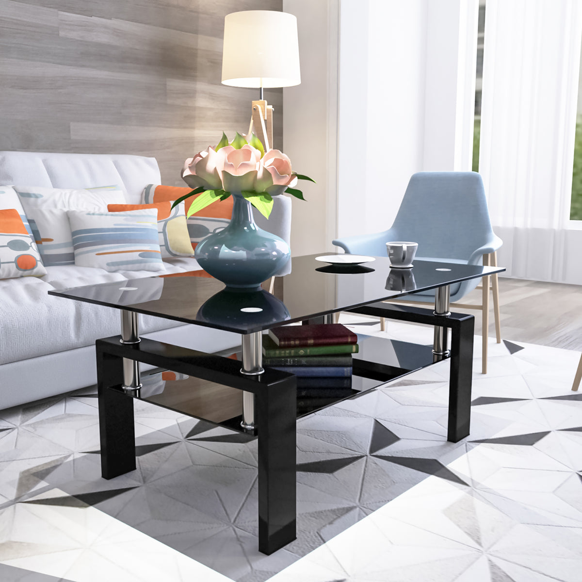 Black Glass Top Rectangular Coffee Table with Storage, 38.6 in