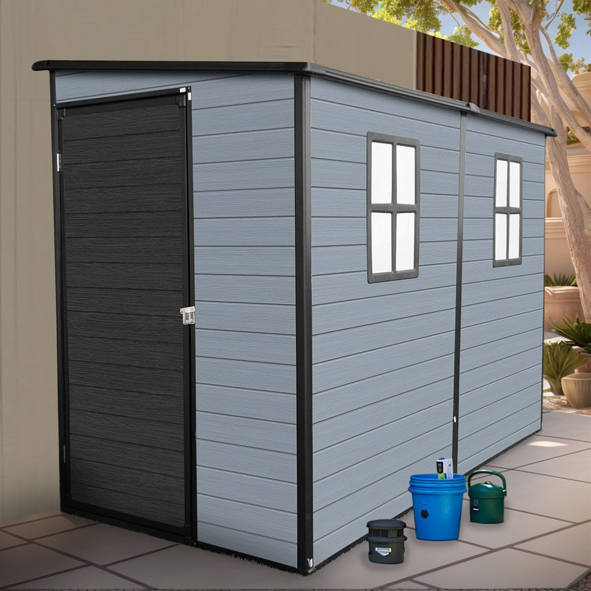 Resin Storage Shed with Floor, 4.4x8.3 ft, Gray and Black