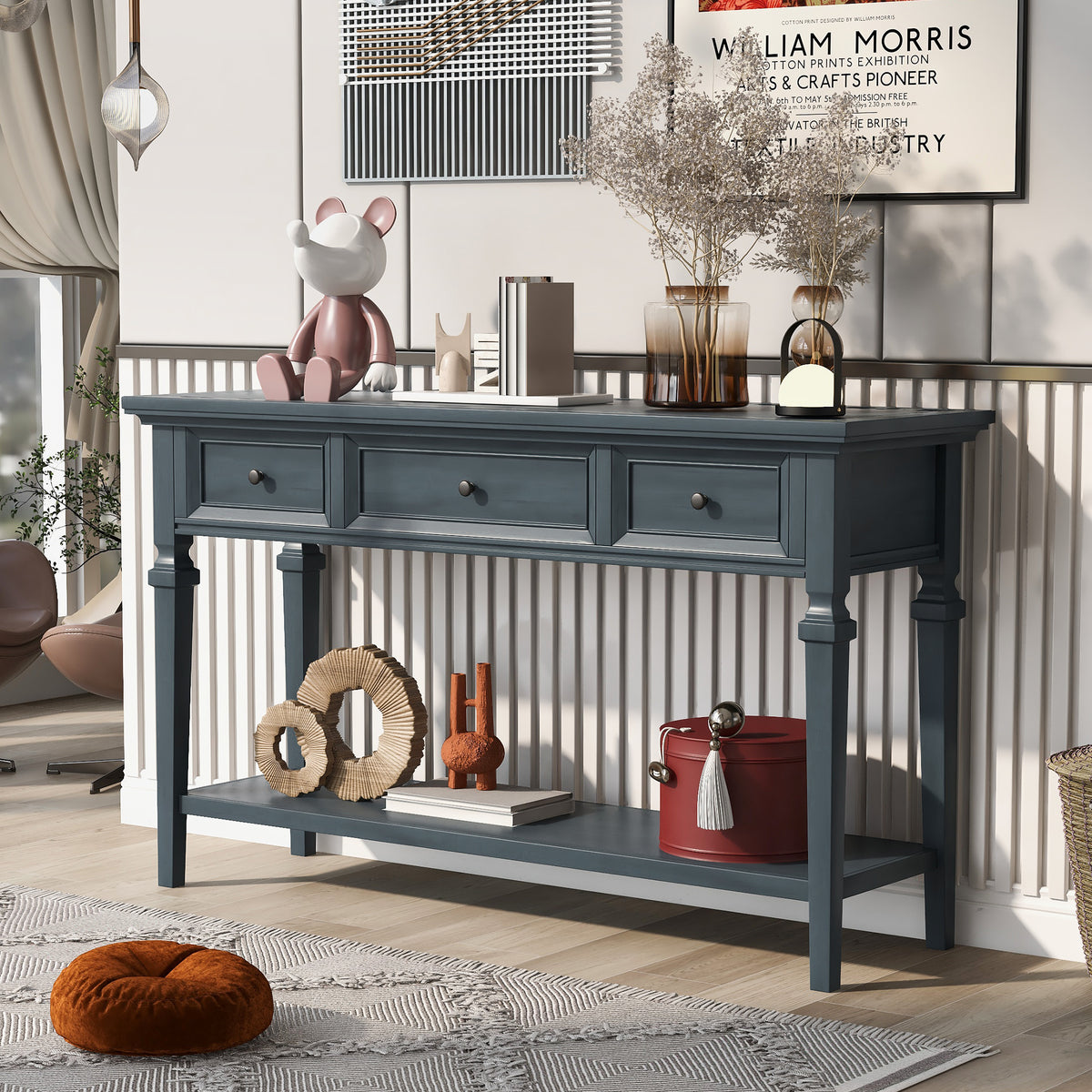 Navy Console Table with Storage, 50 in Wide