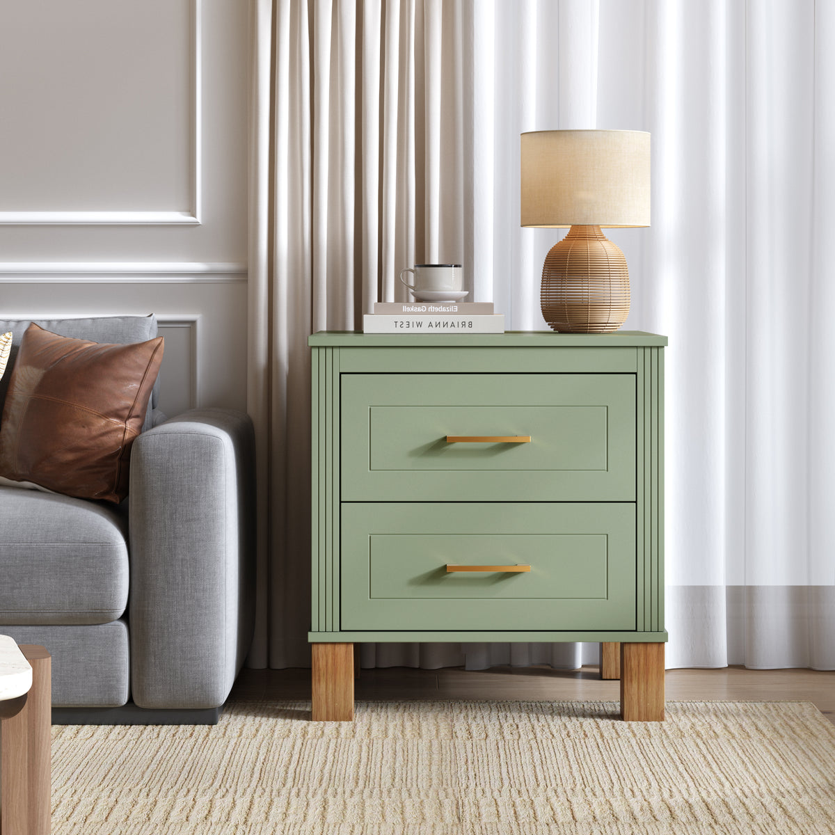 Sage Green Nightstand with 2 Drawers and Fluted Detailing