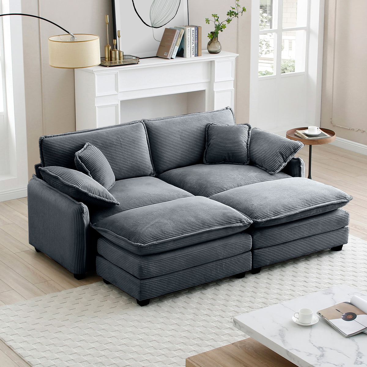 Gray Corduroy 2-Seat Couch with Ottoman