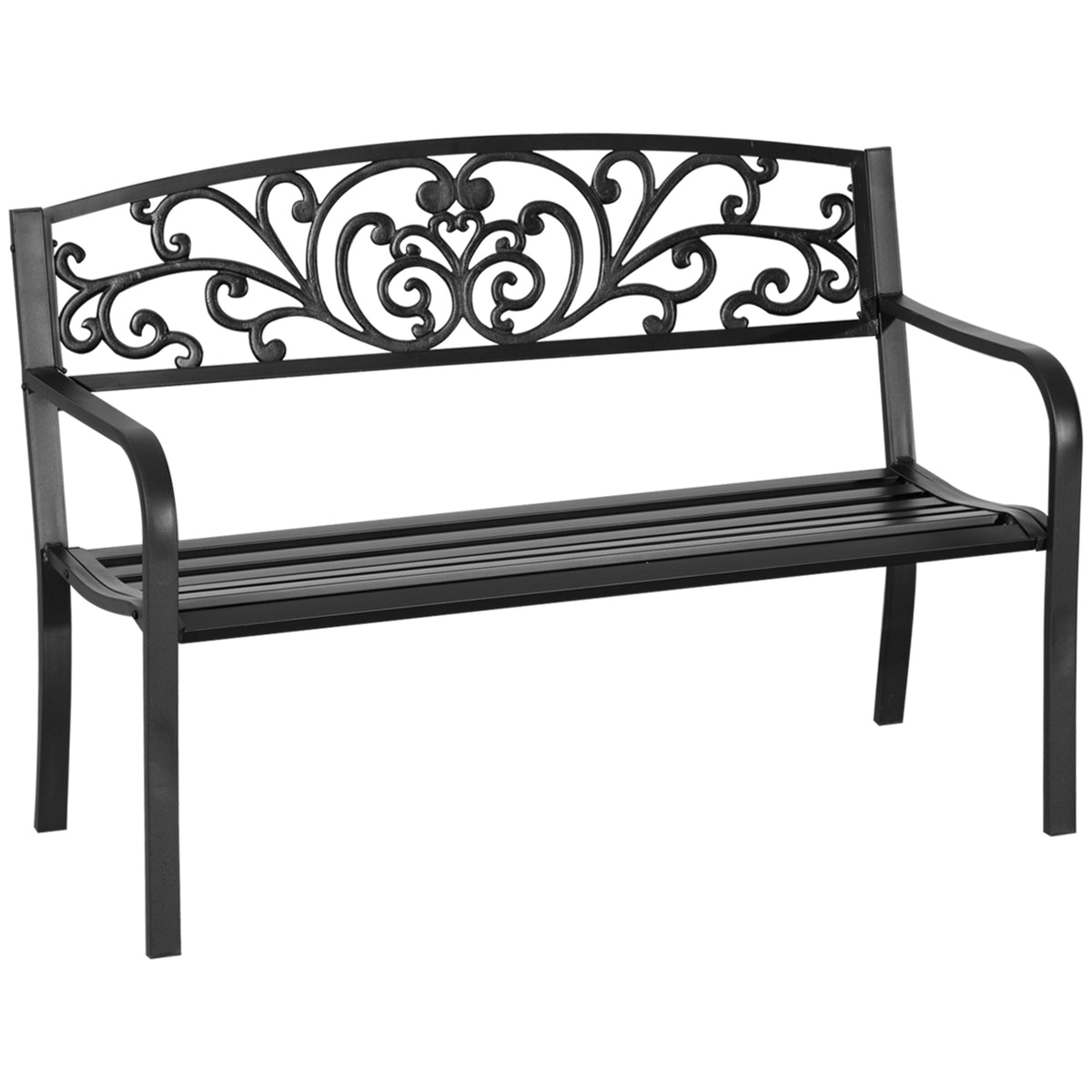 Black Metal Outdoor Bench, 50 in Wide, Slatted, Floral Pattern