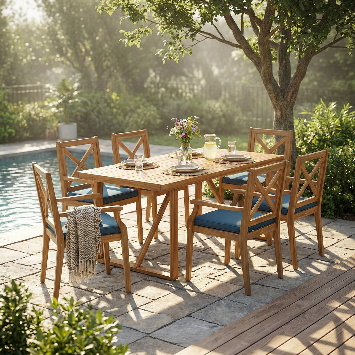 Teak Finish Solid Wood 7-Piece Patio Dining Set for 6 with Blue Cushions