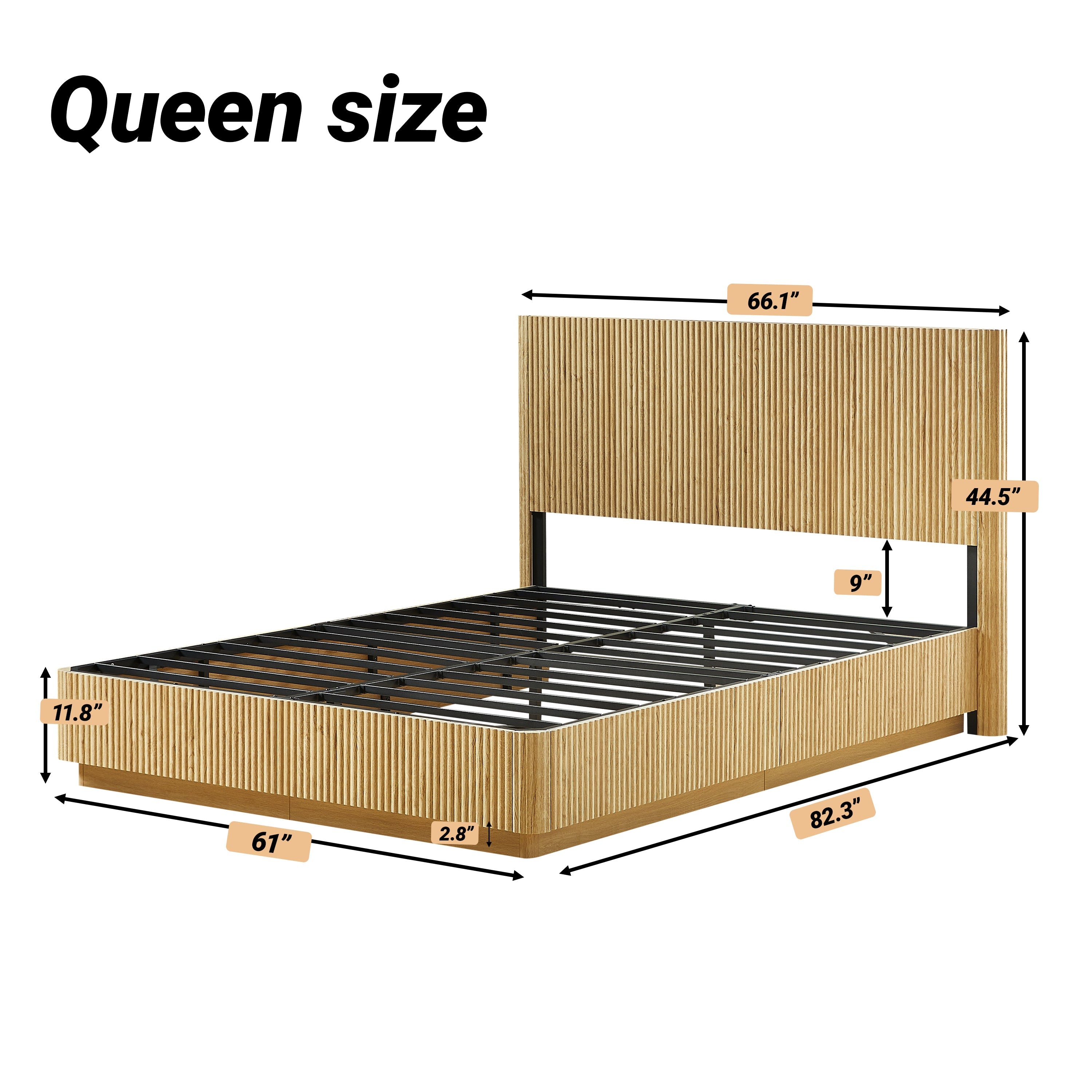 Queen size dimension diagram of light oak fluted platform bed with bare metal slat base #Color_Oak