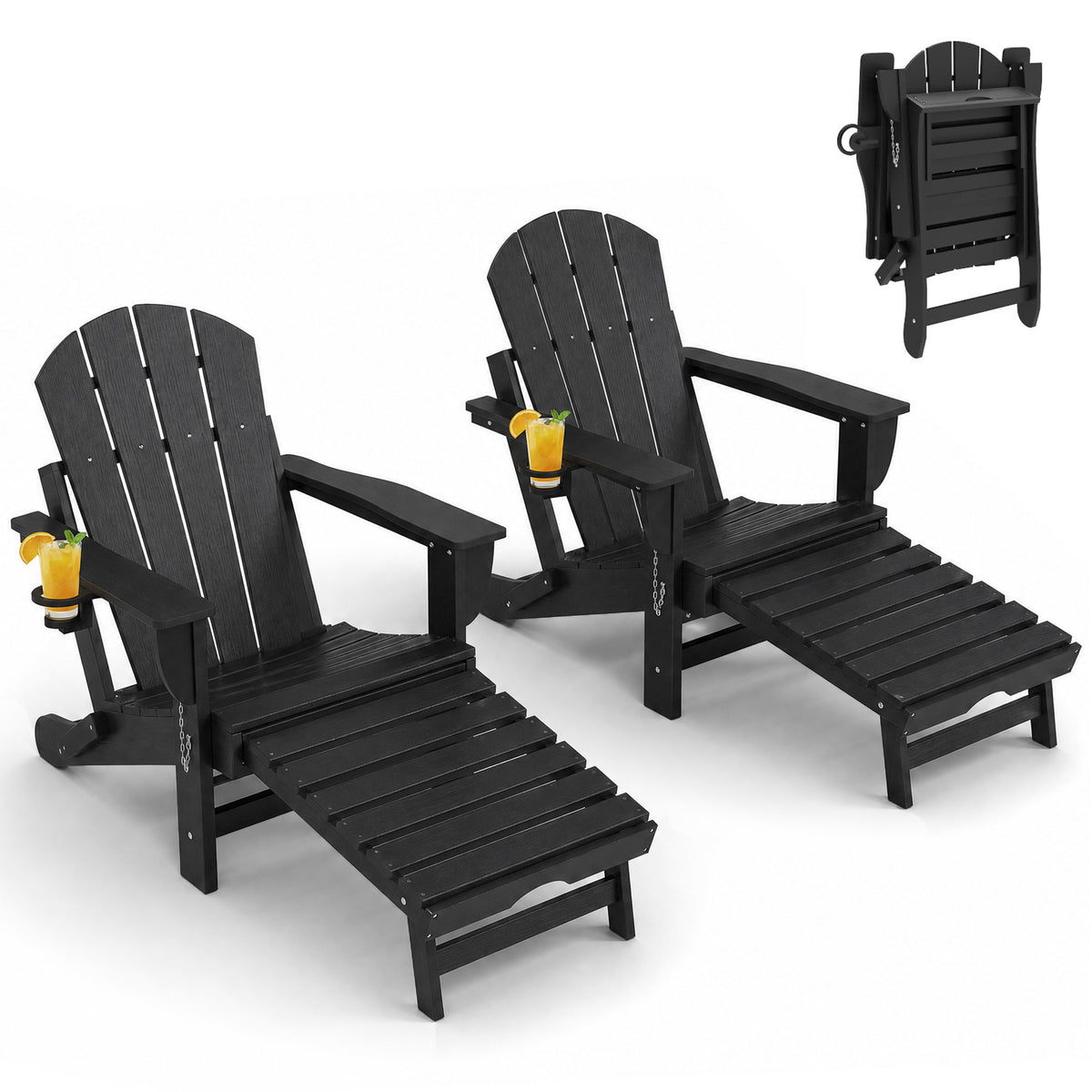 Black HDPE Folding Adirondack Chair, Set of 2, with Cup Holder, 35.4 in Tall