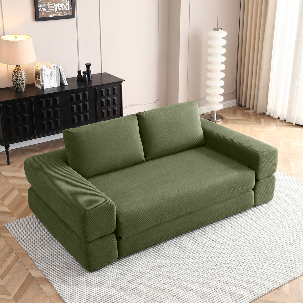 Green Corduroy 2-Seat Sleeper Sofa, No Assembly, 81 in Wide