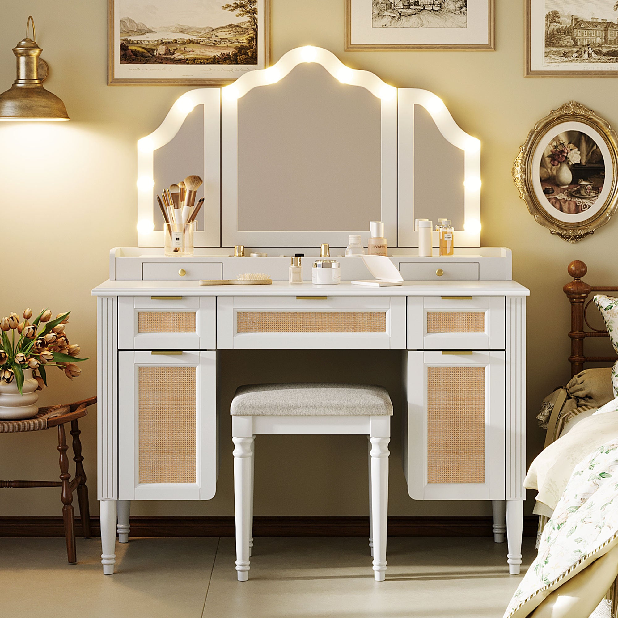 White Vanity Desk with Charging Station, 3 Drawers and Stool