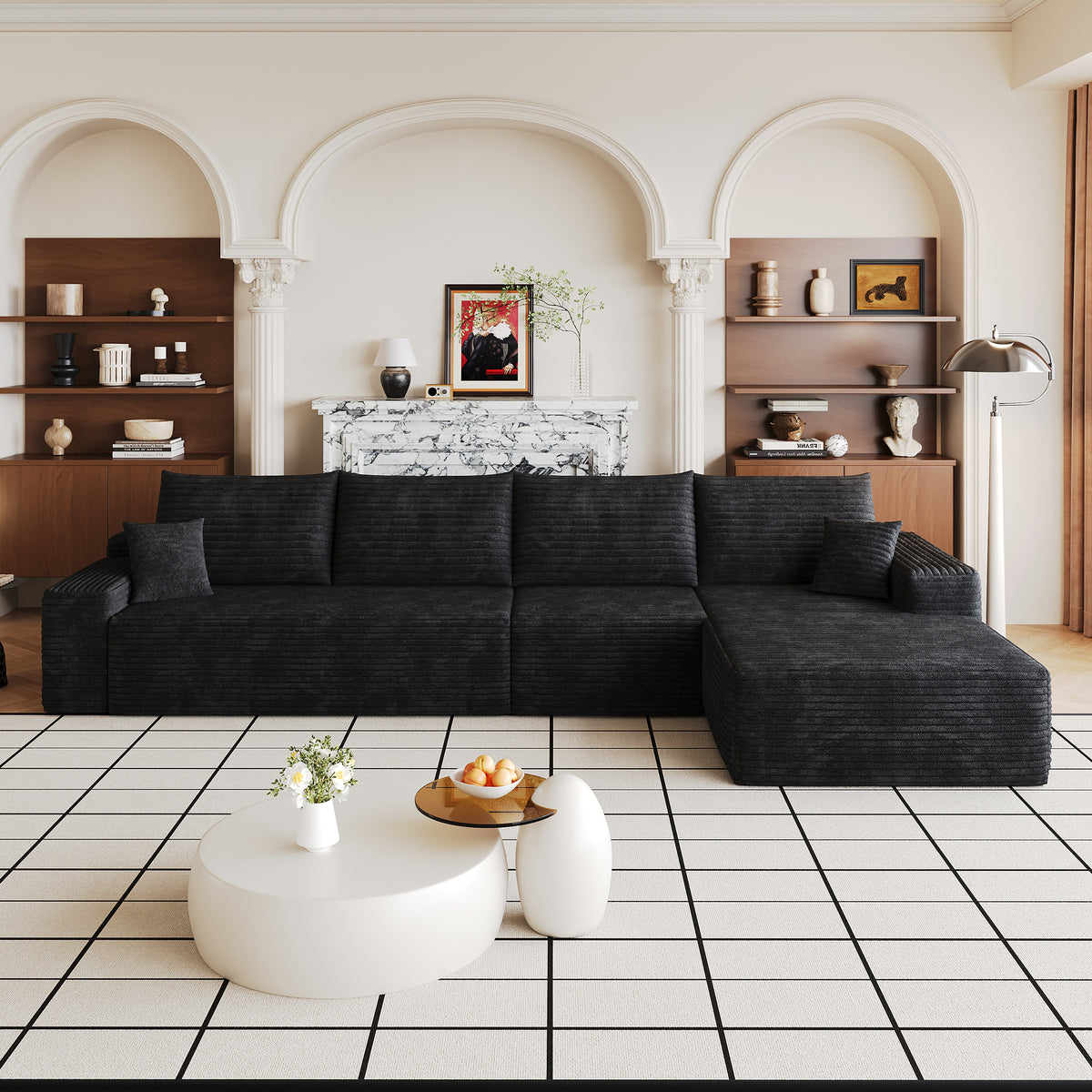 Black Corduroy L-Shaped Modular Sectional, 135 in Wide, Right-Facing