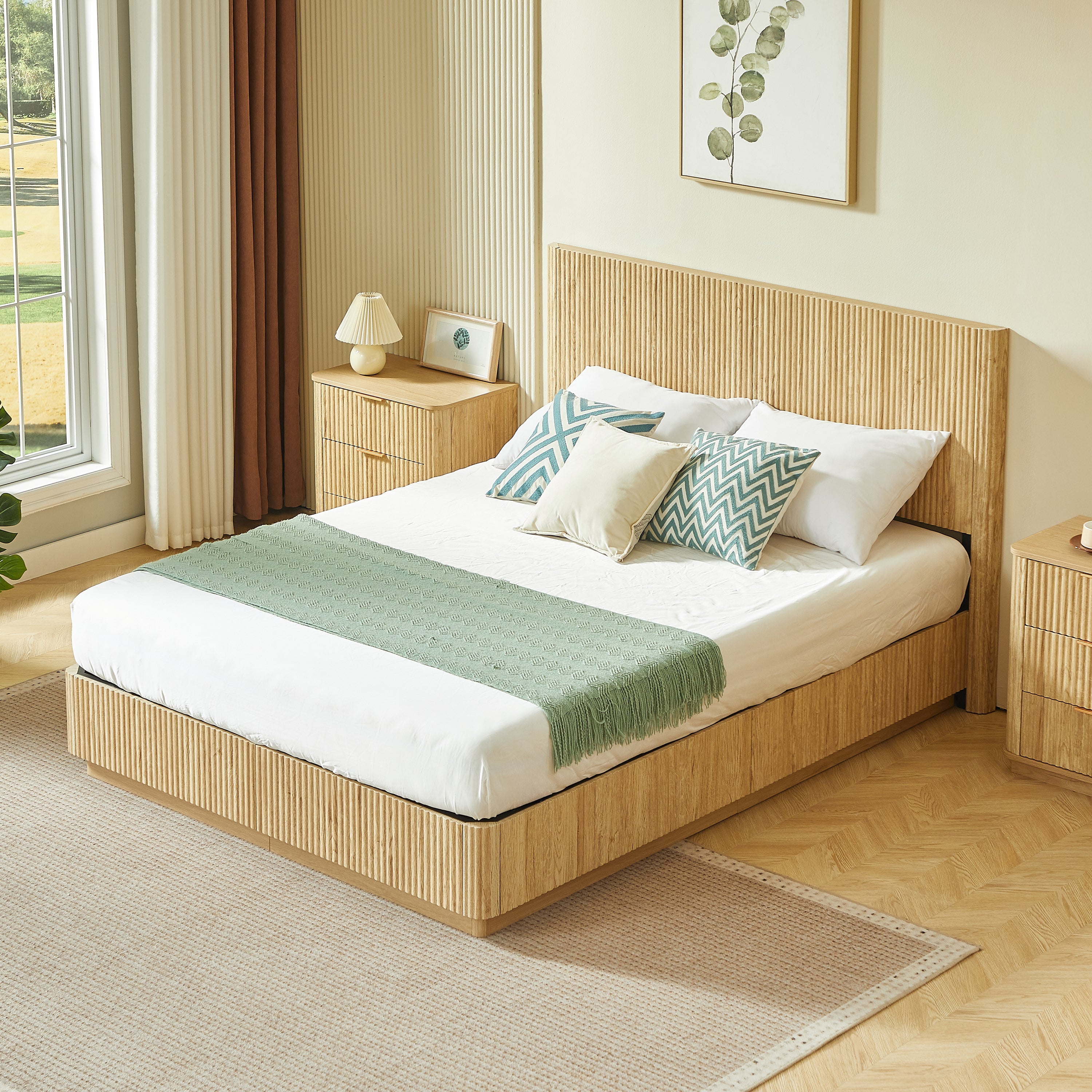 Angled view of light oak fluted queen bed with green throw runner beside a window and nightstand #Color_Oak