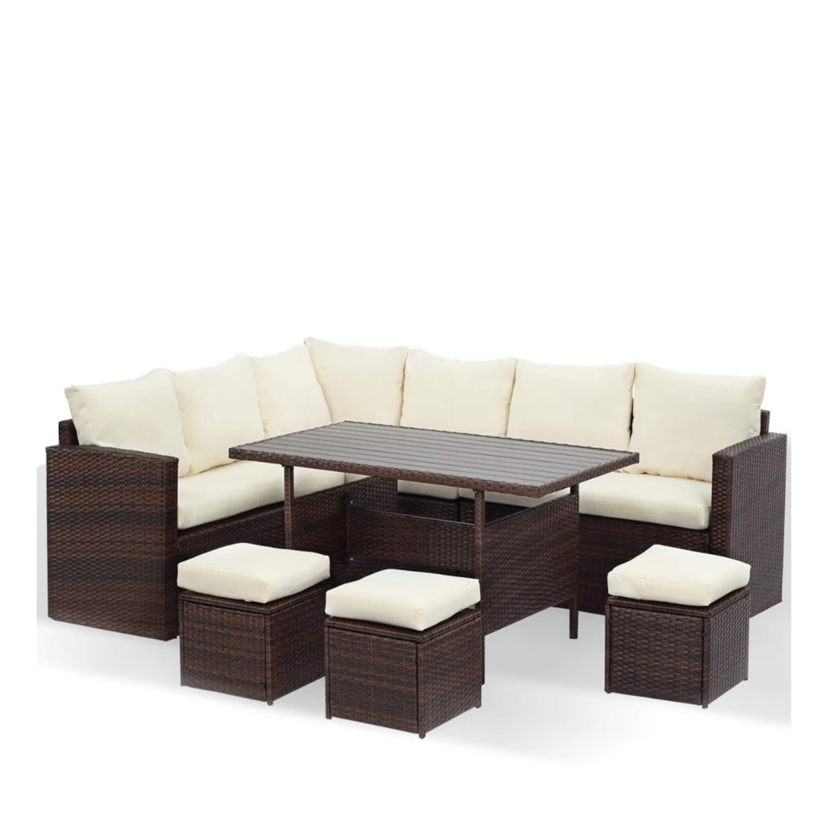 Brown Wicker 7-Piece Patio Dining Set with Beige Cushions