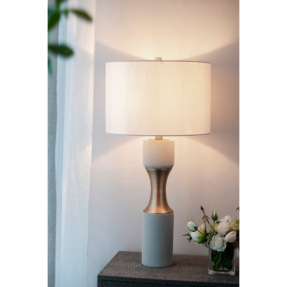 Table Lamp with Cement Construction, White and Gold Finish