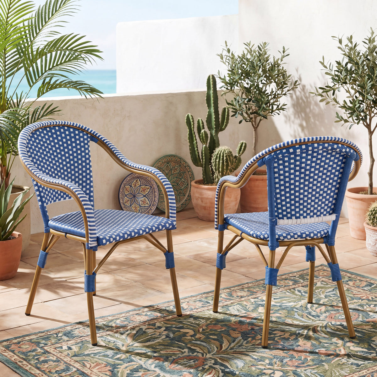 Aluminum Outdoor Dining Chair, Set of 2, Blue and Natural and White