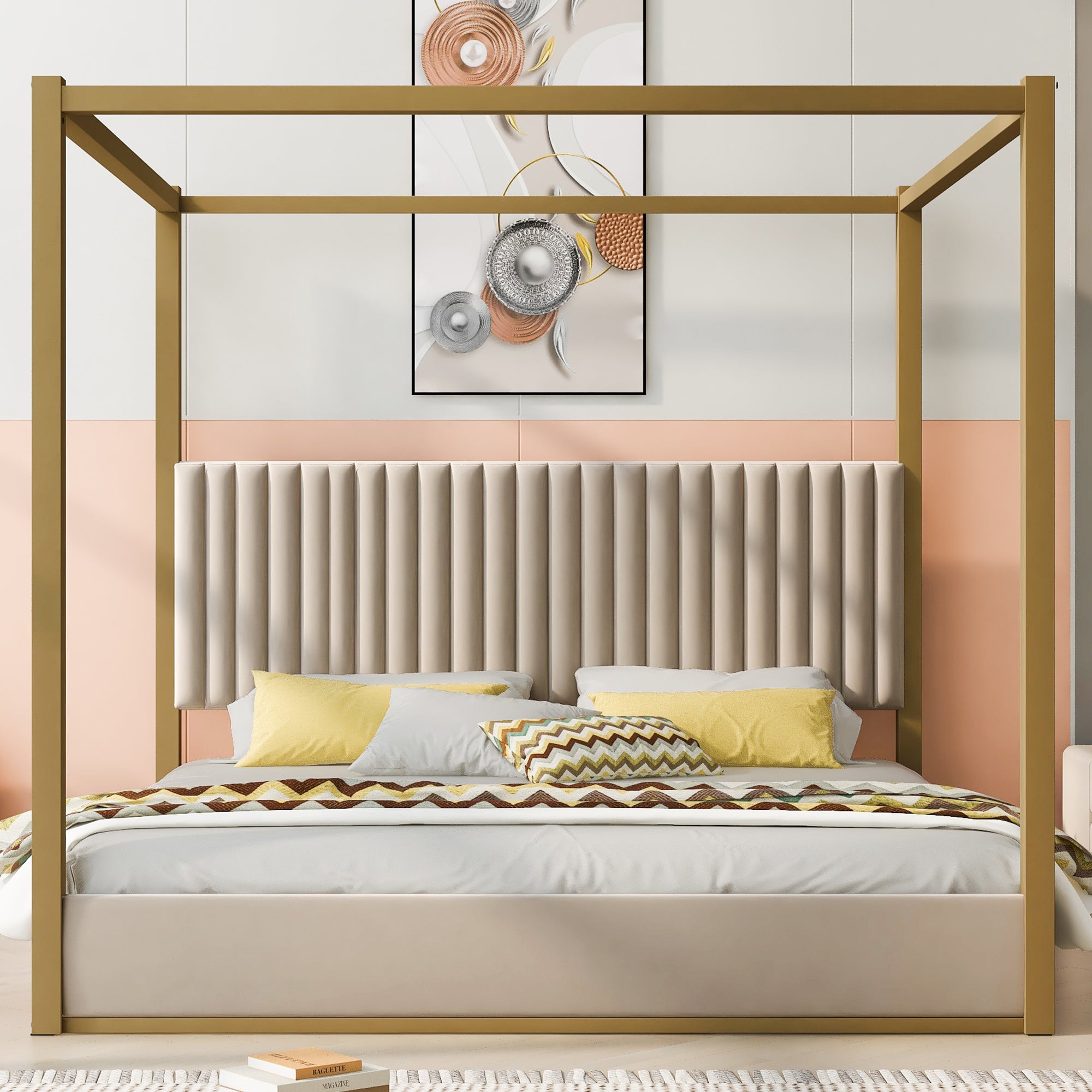 King Velvet Canopy Bed with Upholstered Headboard, Beige