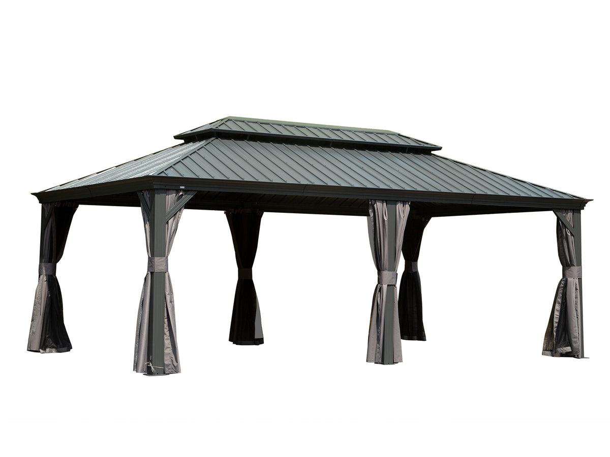 14x20 ft Gray Aluminum Double Roof Hardtop Gazebo with Netting and Curtains