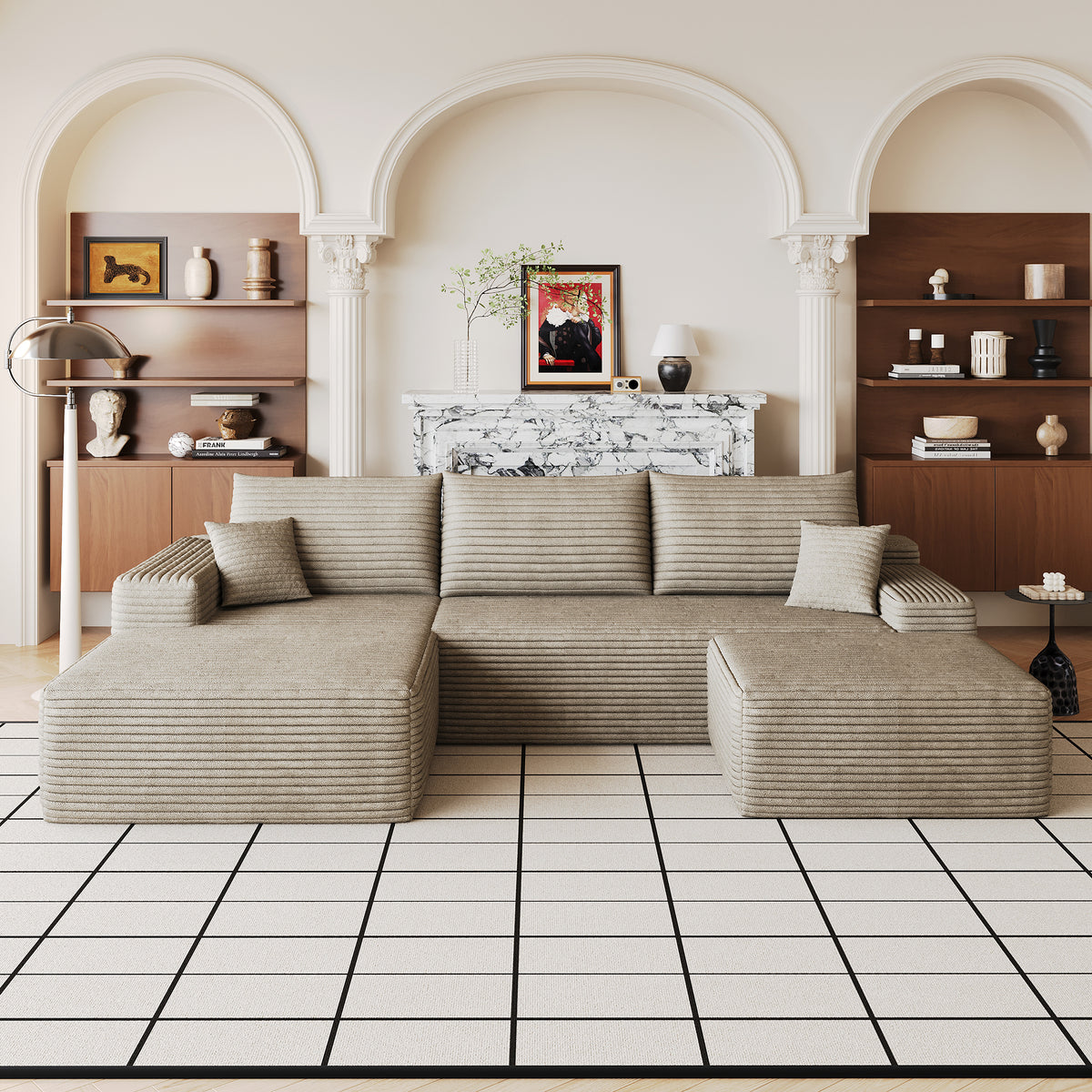 Camel Corduroy U-Shaped Sectional with Ottoman, Left-Facing