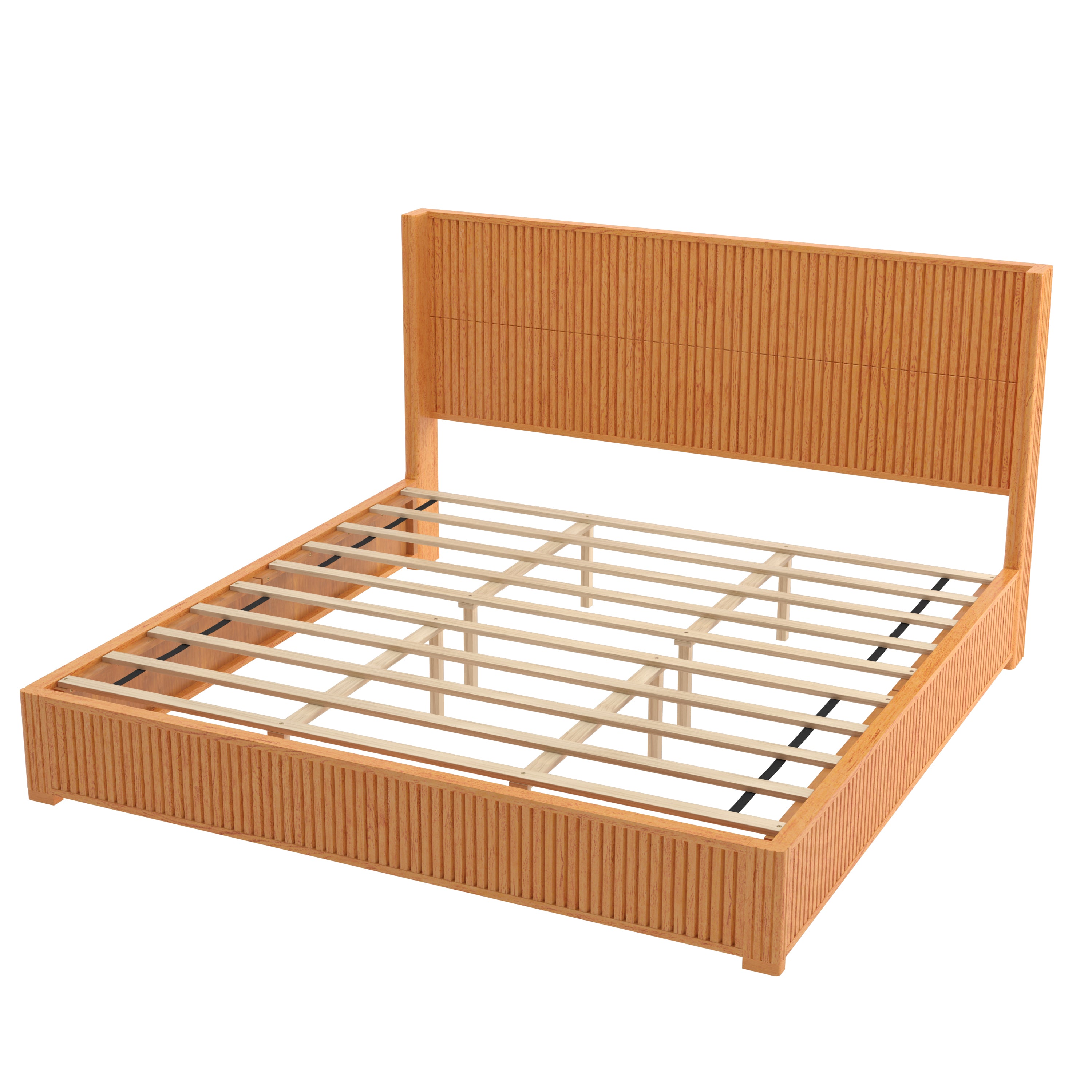 Natural wood king platform bed frame, front view with slat support