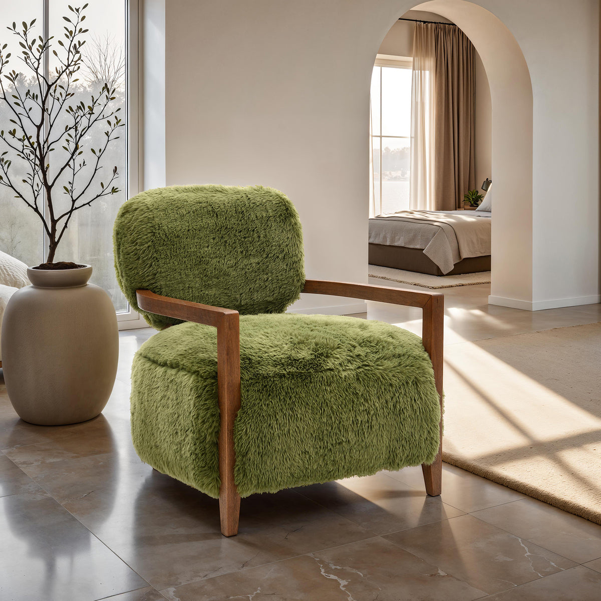 Green Faux Fur Accent Chair, Short Faux Fur