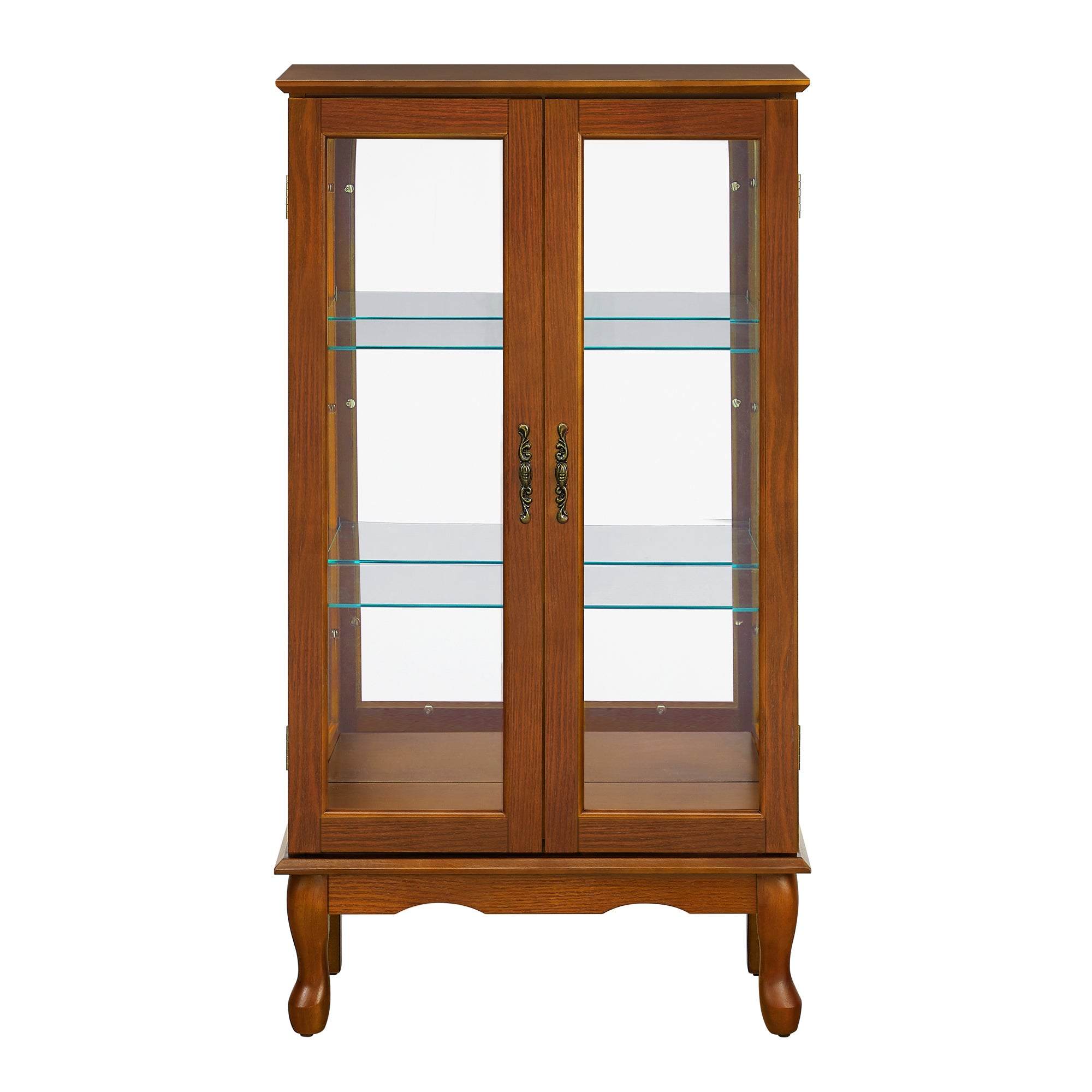 Lighted Curio Cabinet, Oak, 3-Tier with Glass Doors & Mirror Back