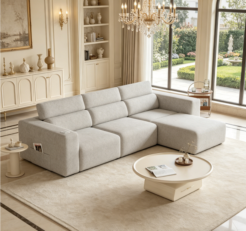 Beige Power Reclining Sofa, USB Charging, 122 in Wide