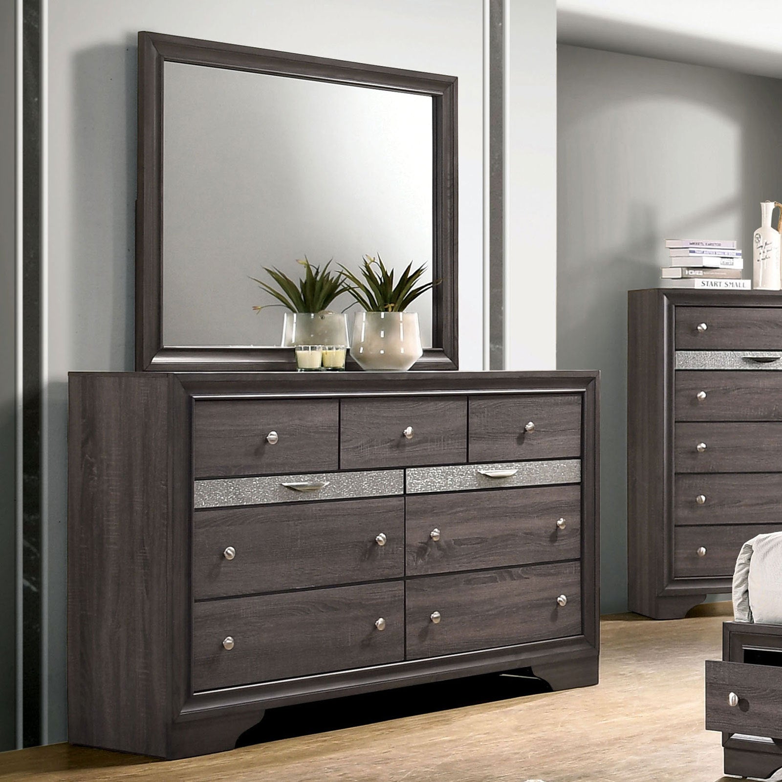 Gray Solid Wood Dresser and Mirror Set, 63 Inches Wide