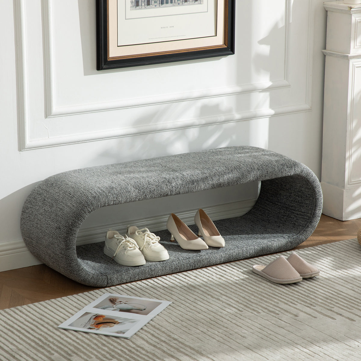Gray Chenille Shoe Storage Bench, 52.2 in Wide