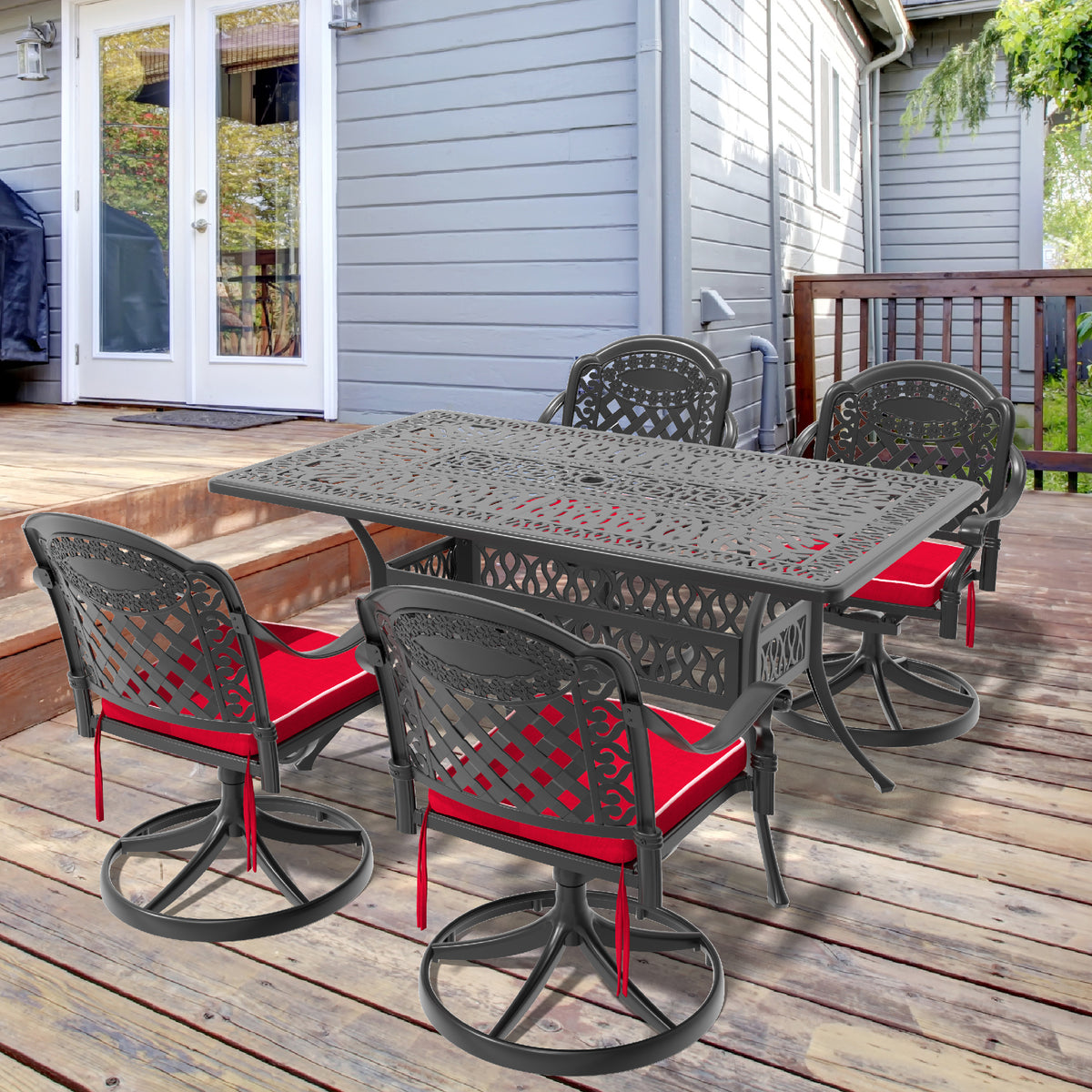 Black Aluminum 5-Piece Patio Dining Set for 4 with Cushions, Swivel