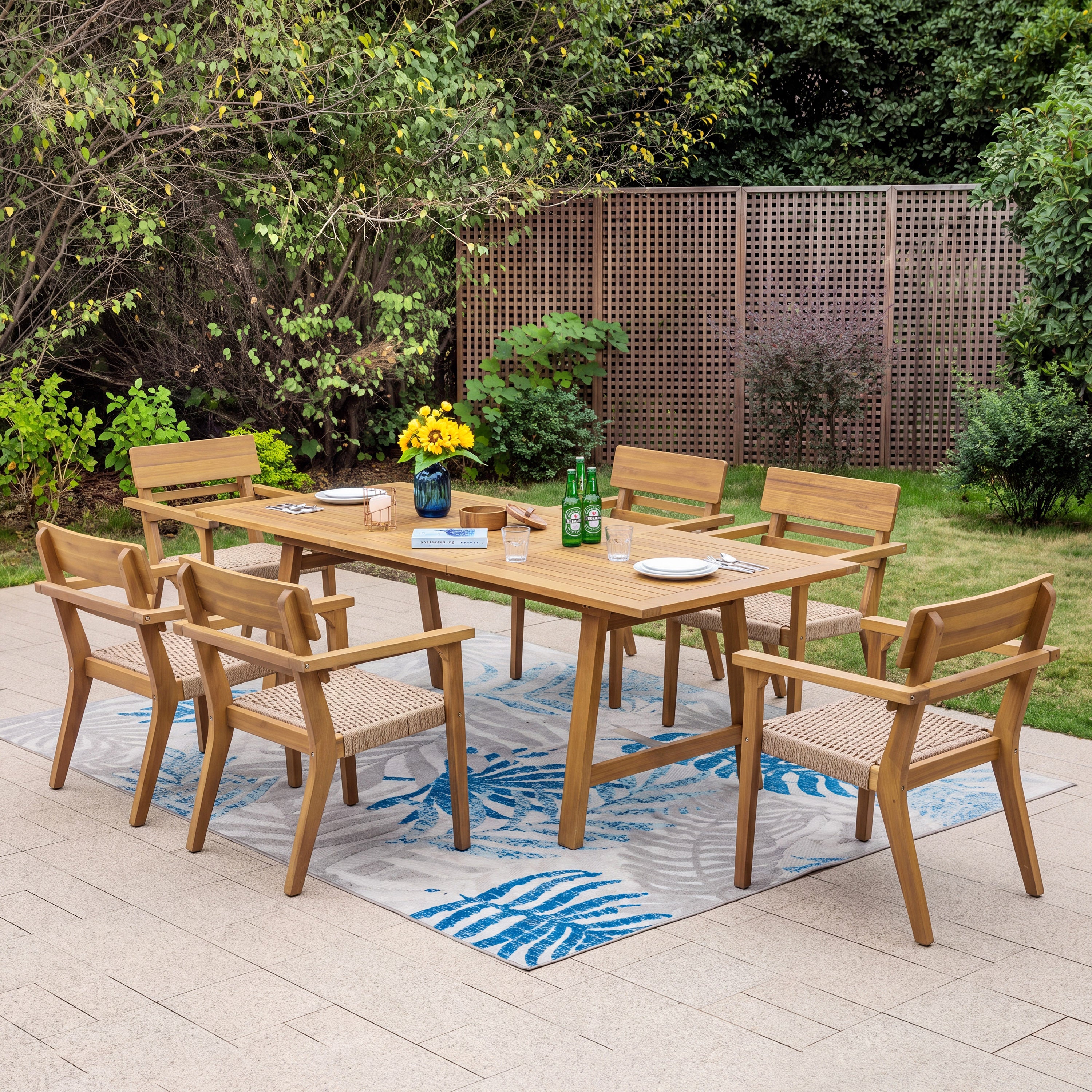 7-Piece Extendable Outdoor Dining Set, Acacia Table, 6 Wicker Chairs