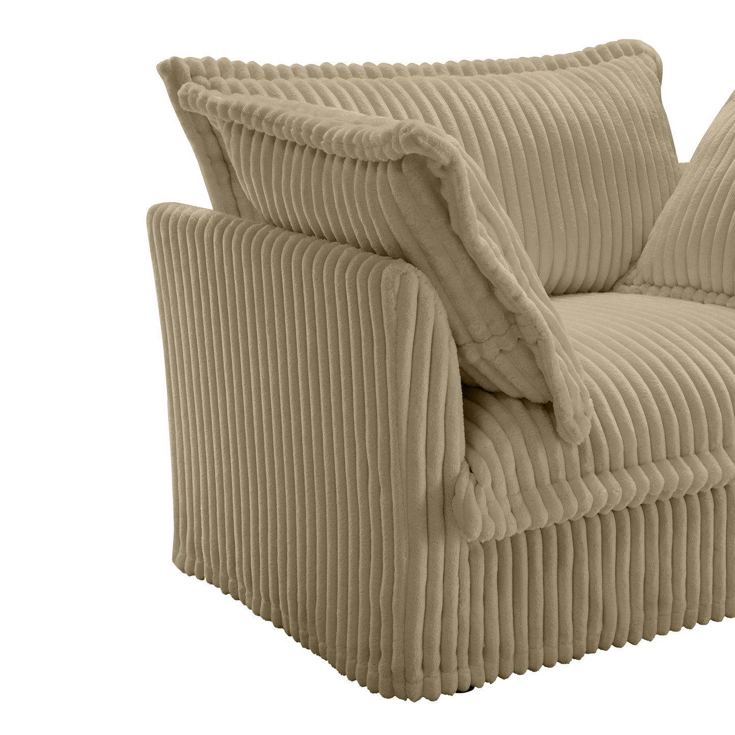 Close-up of the armrest on a fluffy camel corduroy sectional, showcasing the wide-wale fabric texture, plush padding, and clean, modern lines.