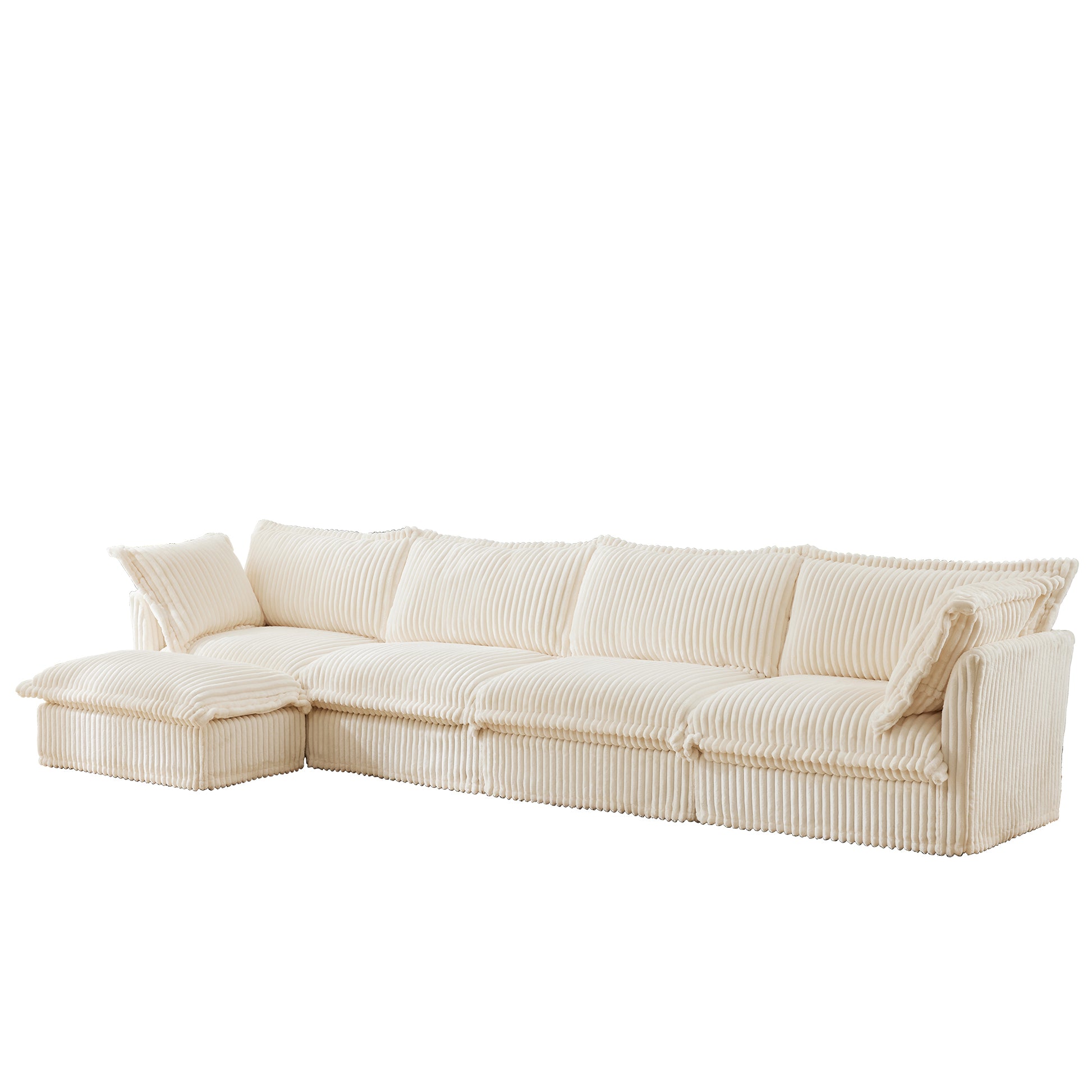 Clean studio image of a cream-colored fluffy corduroy couch with four seats and a coordinating ottoman, emphasizing its cozy texture and machine-washable, removable covers.