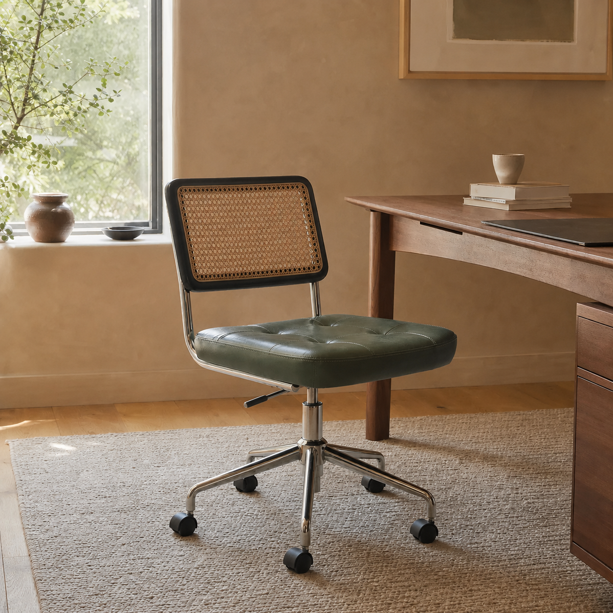 Mid Century Modern Office Chair – Rattan, Vegan Leather & Stainless Steel