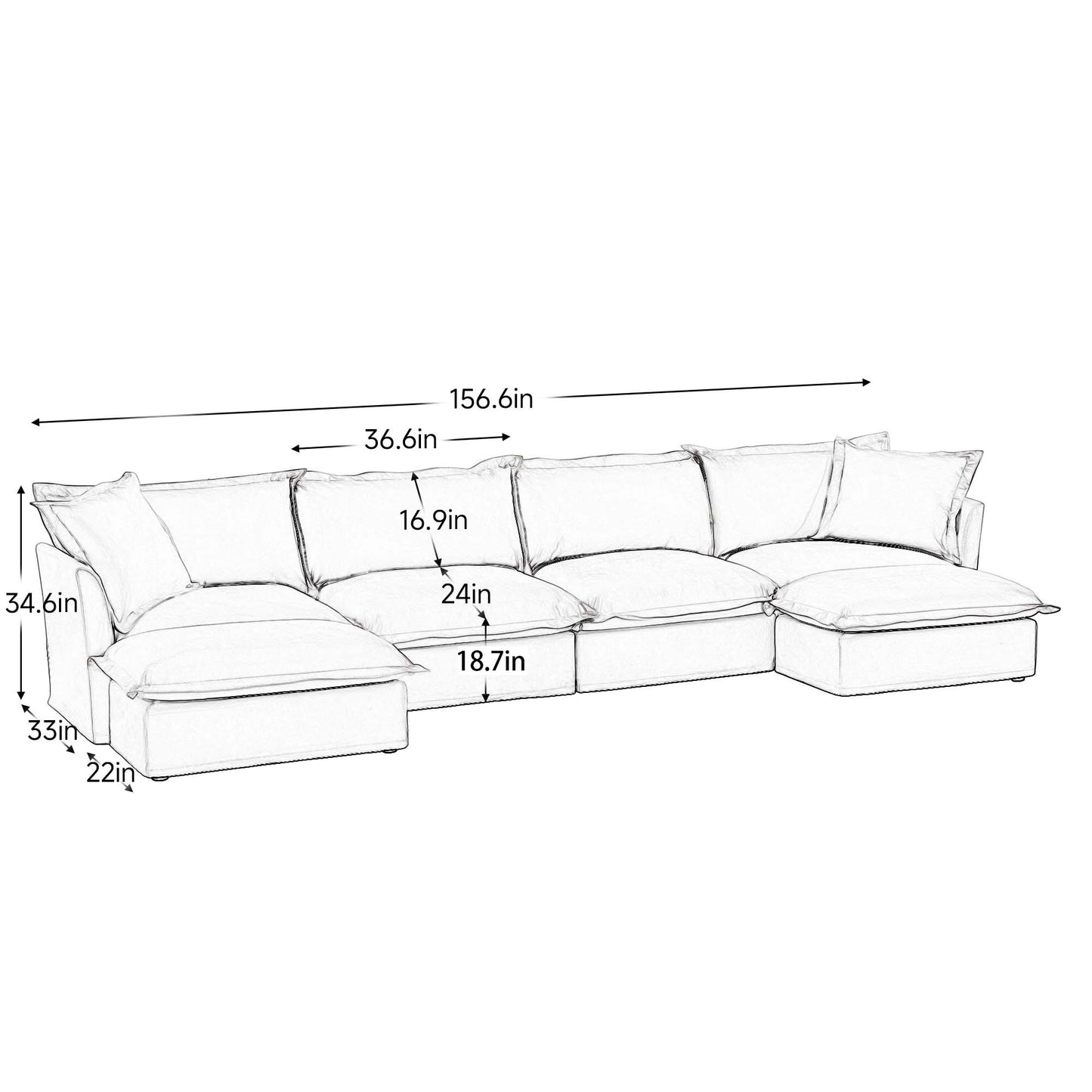 Line drawing of a modular 4-seat black chenille sectional sofa with two ottomans, showing detailed dimensions including an overall length of 156.6”, height of 34.6”, seat depth of 24”, seat height of 18.7”, and individual segment width of 36.6”.