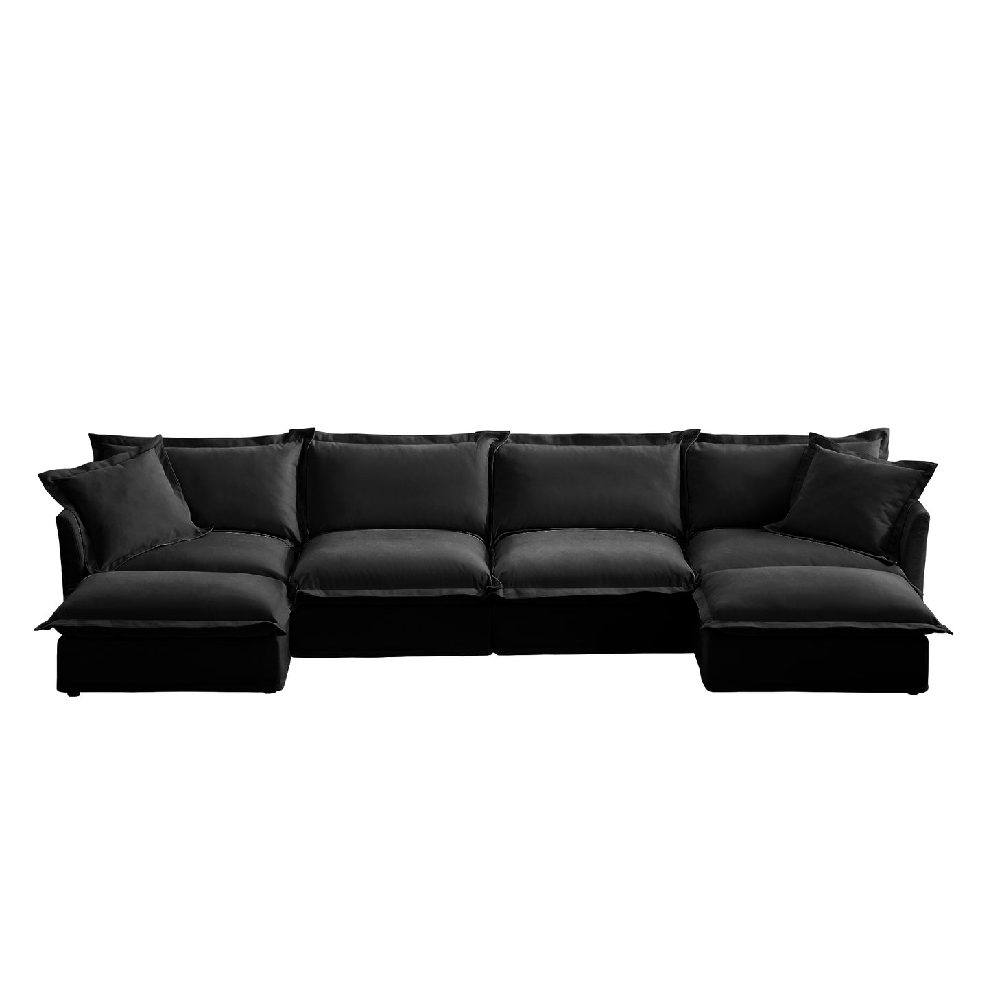 Frontal shot of a fluffy black chenille 4-seat sectional with two ottomans — showcasing its deep seats, plush cushions, and soft, washable slipcovers in a sleek, modern design.