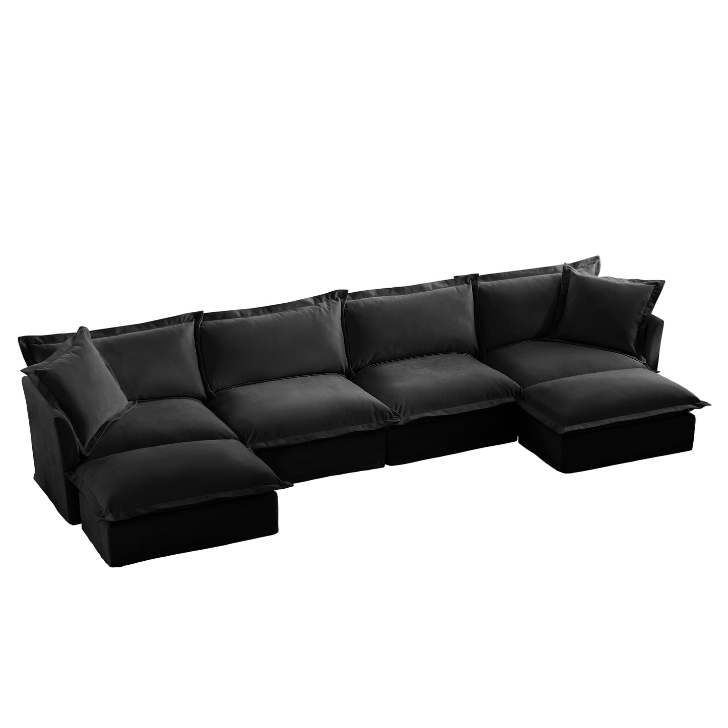 Front-facing view of a fluffy black chenille sectional sofa with two ottomans — featuring cozy, oversized cushions, deep seating, and removable slipcovers for easy care and a polished, modern look.