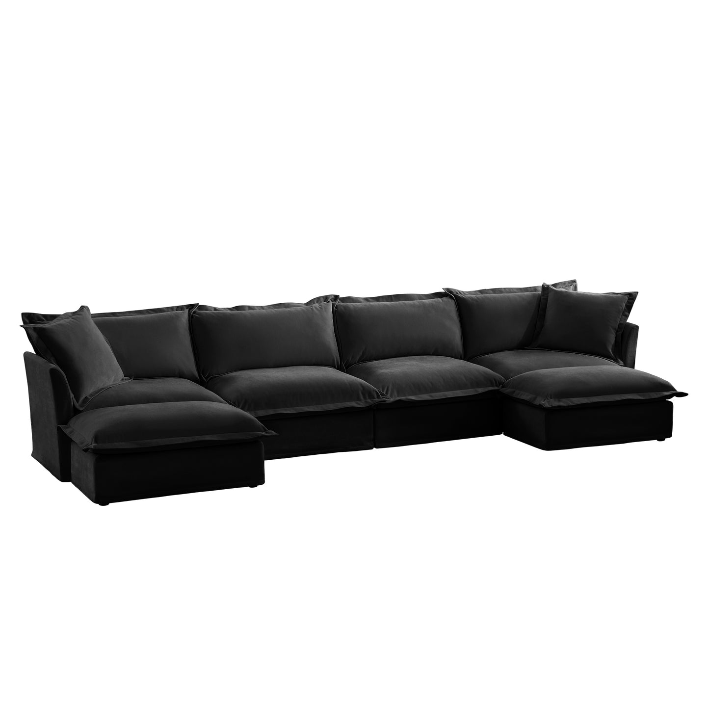 Front view of a fluffy black chenille modular sectional with two ottomans — highlighting its deep, lounge-ready seats, soft textured fabric, and machine-washable slipcovers for a modern, pet-friendly setup.
