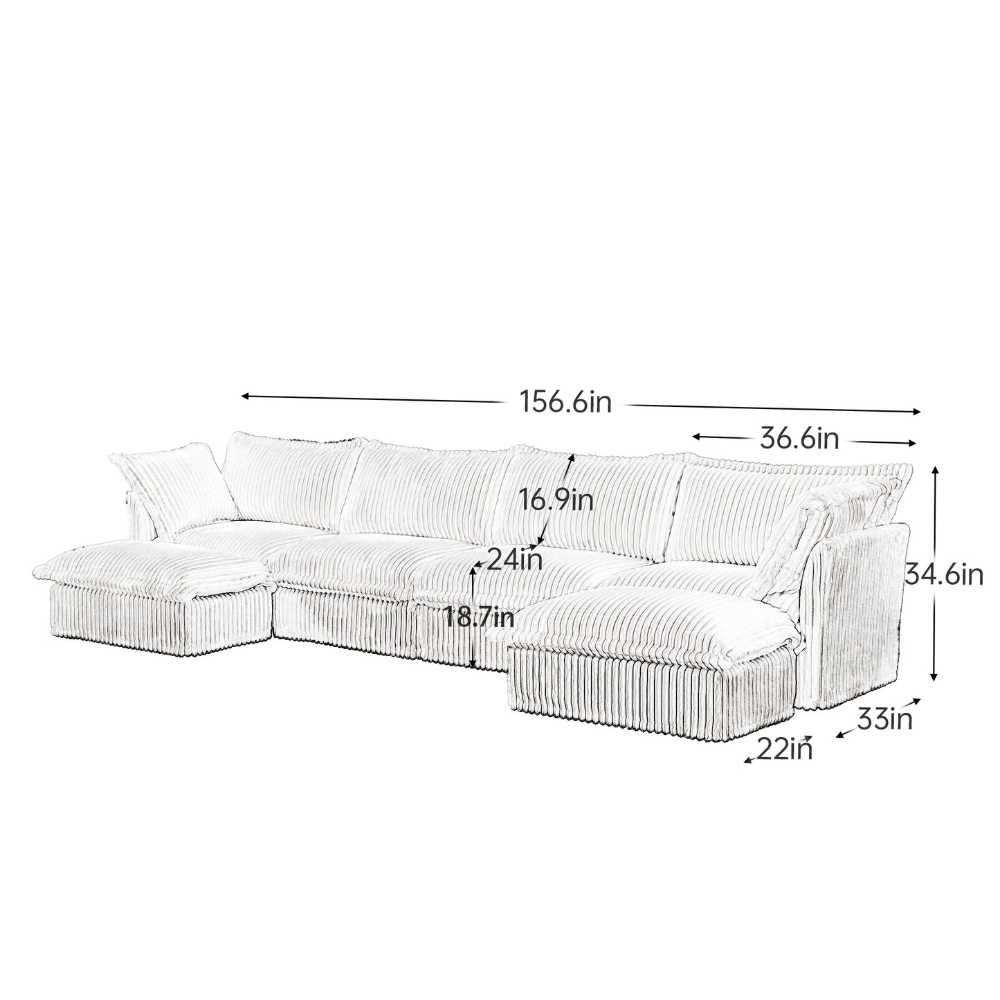 Dimensions of fluffy camel-colored 4-seat sectional sofa with two ottomans, upholstered in wide-wale corduroy. Labeled dimensions include: 156.6” overall length, 34.6” overall height, 33” overall depth, 36.6” chaise depth, 22” seat depth, 18.7” seat height, 24” seat width, and 16.9” back cushion height.