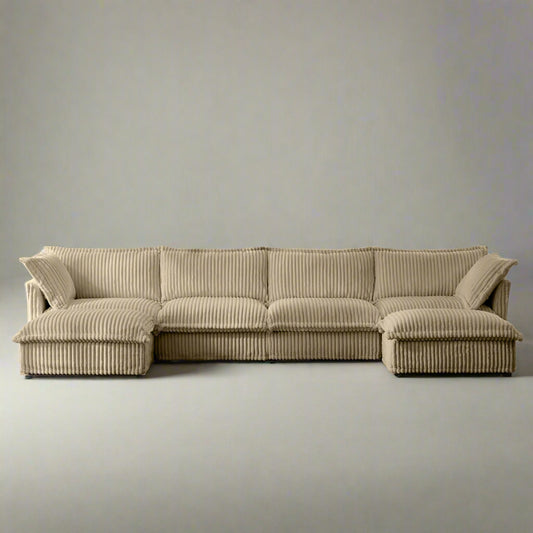 Fluffy 4-seat modular sectional in camel corduroy with two ottomans, featuring deep seating, plush wide-wale fabric, and machine washable slipcovers for a cozy, pet-friendly design.