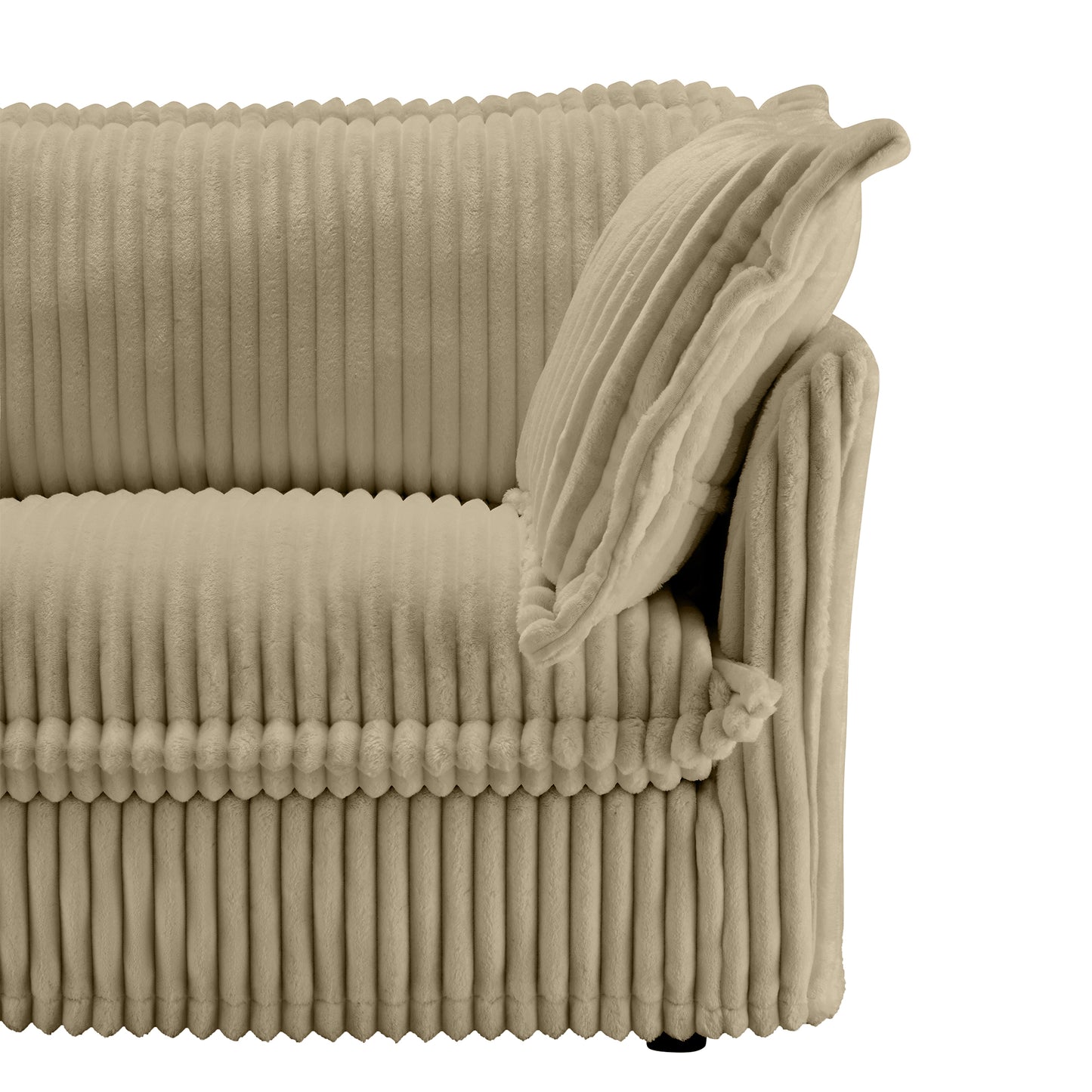 Close-up of the front side of a fluffy camel corduroy sectional, highlighting the soft wide-wale corduroy fabric, rich texture, and plush cushion detailing for a cozy, modern look.