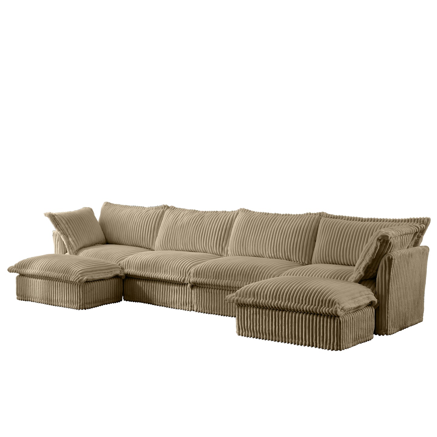 Fluffy modular camel corduroy sectional with two ottomans, showcasing plush deep seating, cozy wide-wale fabric, and easy-care machine washable slipcovers for modern, pet-friendly living.